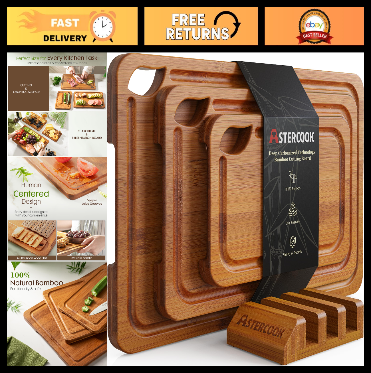 Reversible Bamboo Cutting Board Set with Juice Grooves & Easy Grip Handles   Kit0