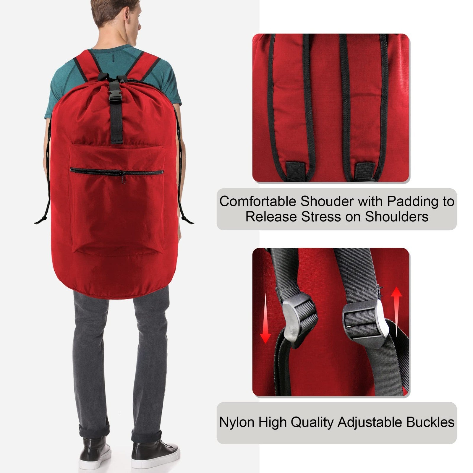 Extra Large Red Drawstring Laundry Backpack - Heavy Duty Portable Travel Bag for5