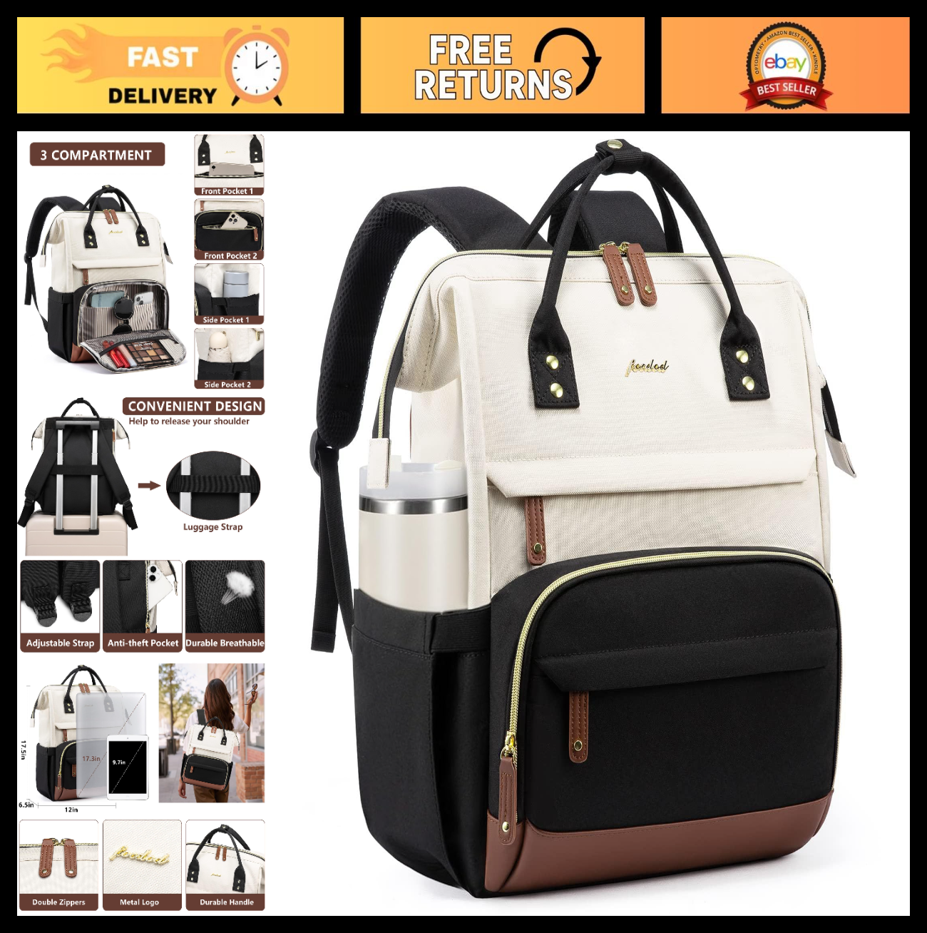 Stylish 17" Laptop Backpack for Women   Work, College, Travel, Casual Daypack, B0