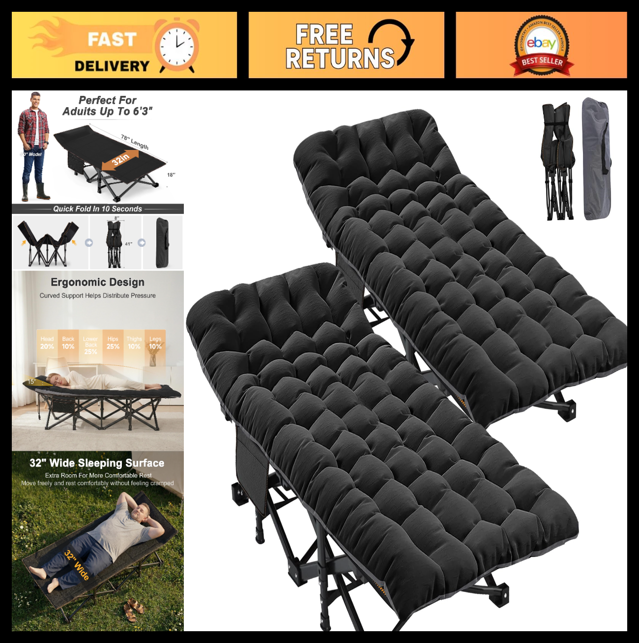 XXL Folding Camping Cot for Adults   900 lb Capacity, 32" Wide, 2 Pack, Removabl0