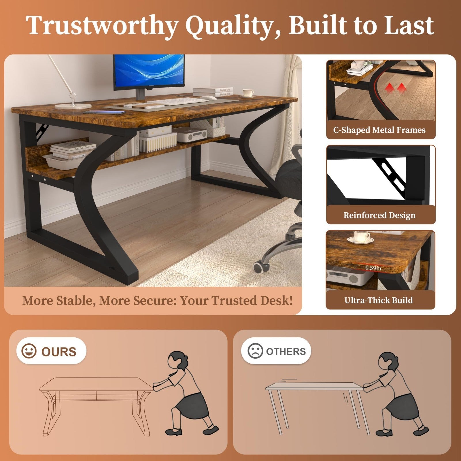 47x20 Inch Computer Desk with Storage, Sturdy Metal Frame, Rustic Brown, Home Of4