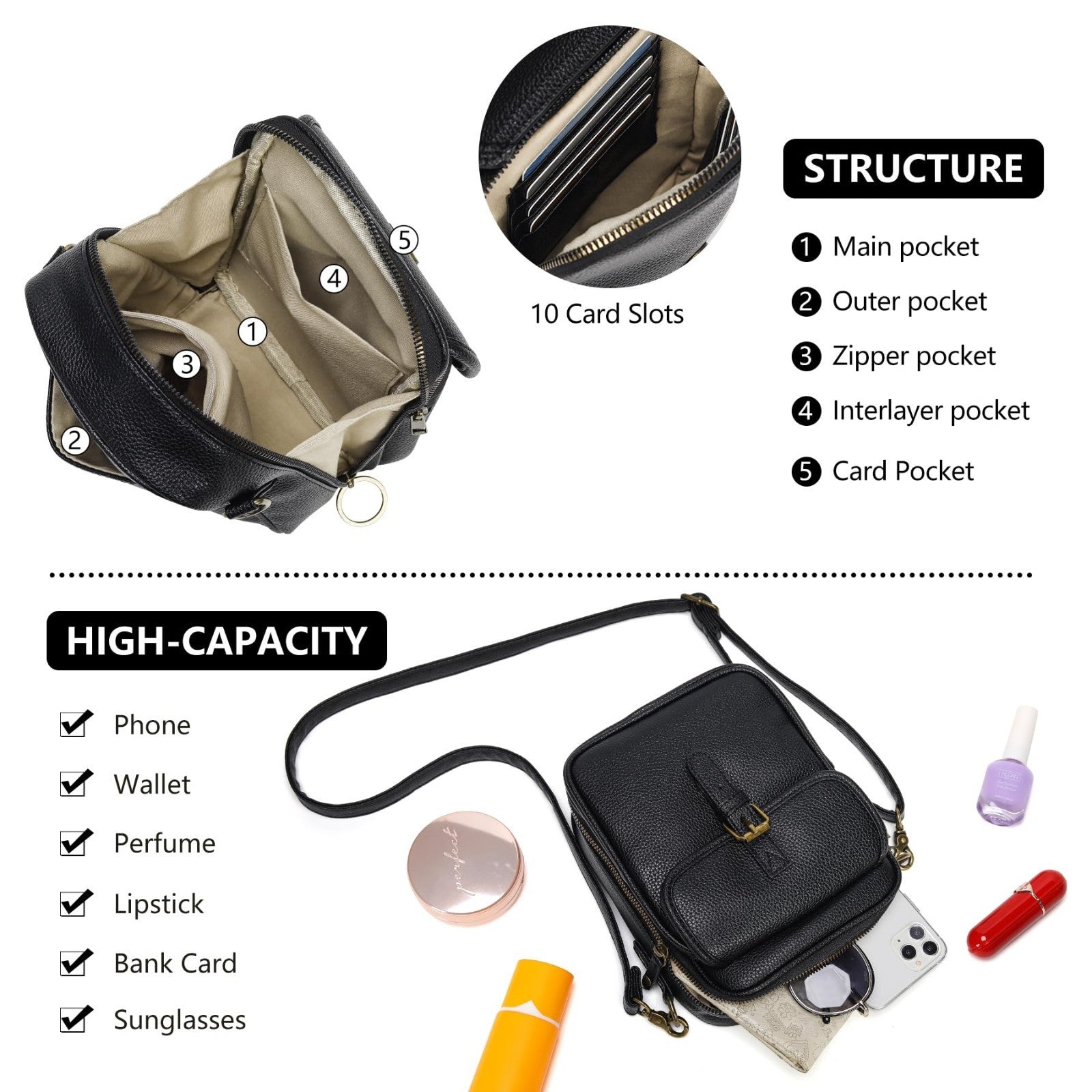 Vegan Leather Crossbody Bags for Women - Vintage Anti-Theft Messenger Purse with4