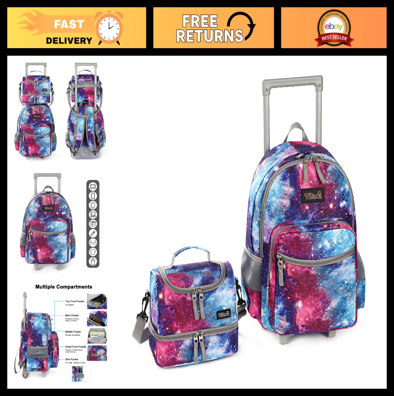 Wheeled Kids Rolling Backpack 18" with Lunch Bag, Double Handle, Galaxy Design0