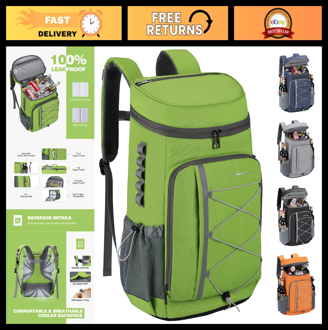 Insulated Soft Cooler Backpack - 35/50 Can Capacity for Camping, Hiking & Beach0