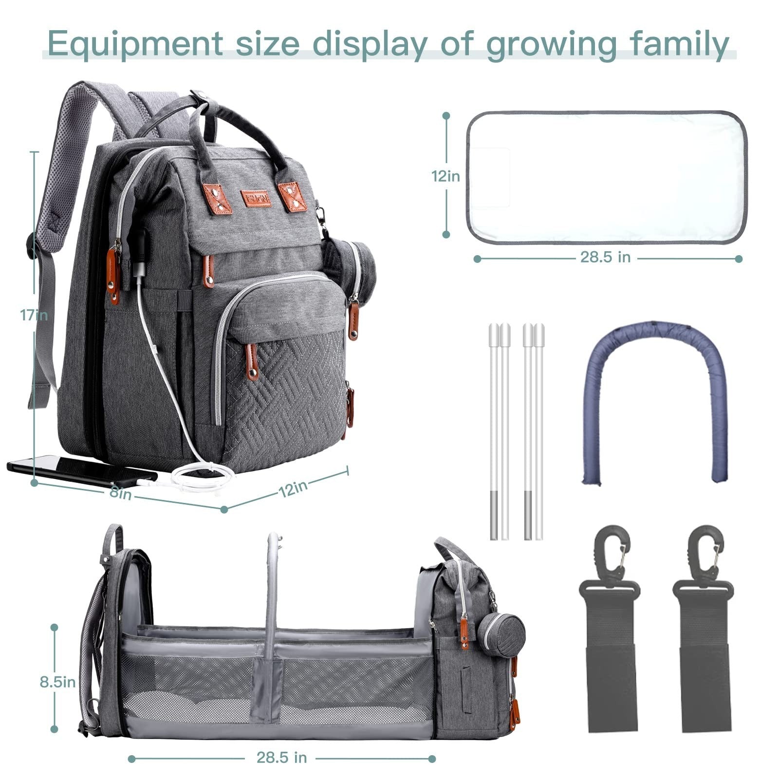 Diaper Bag Backpack with Changing Station, Baby Travel Bag for Mom   Deep Grey2