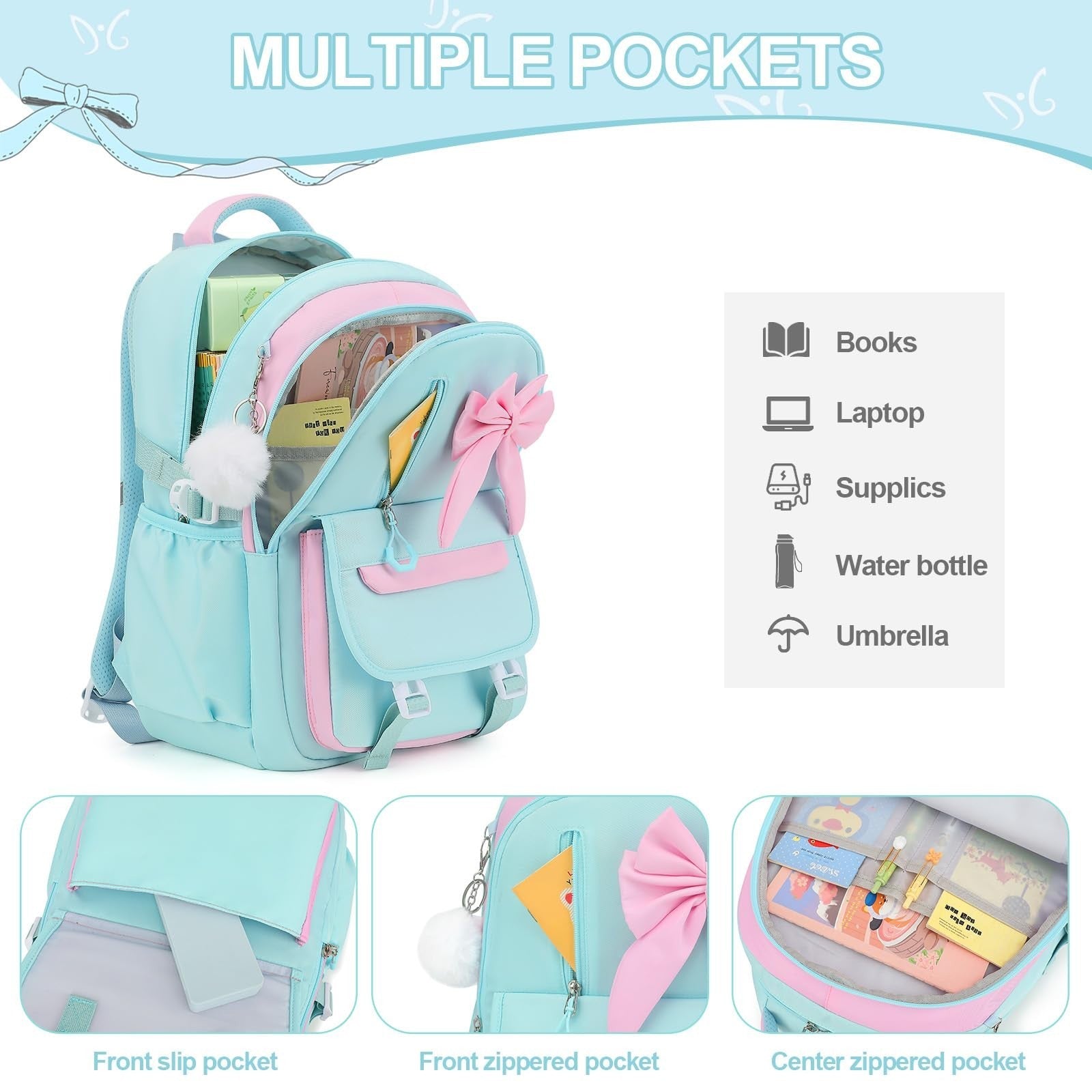 Girls Bow Backpack Set   3PCS with Lunch Bag & Pencil Case   Cute School Bag3