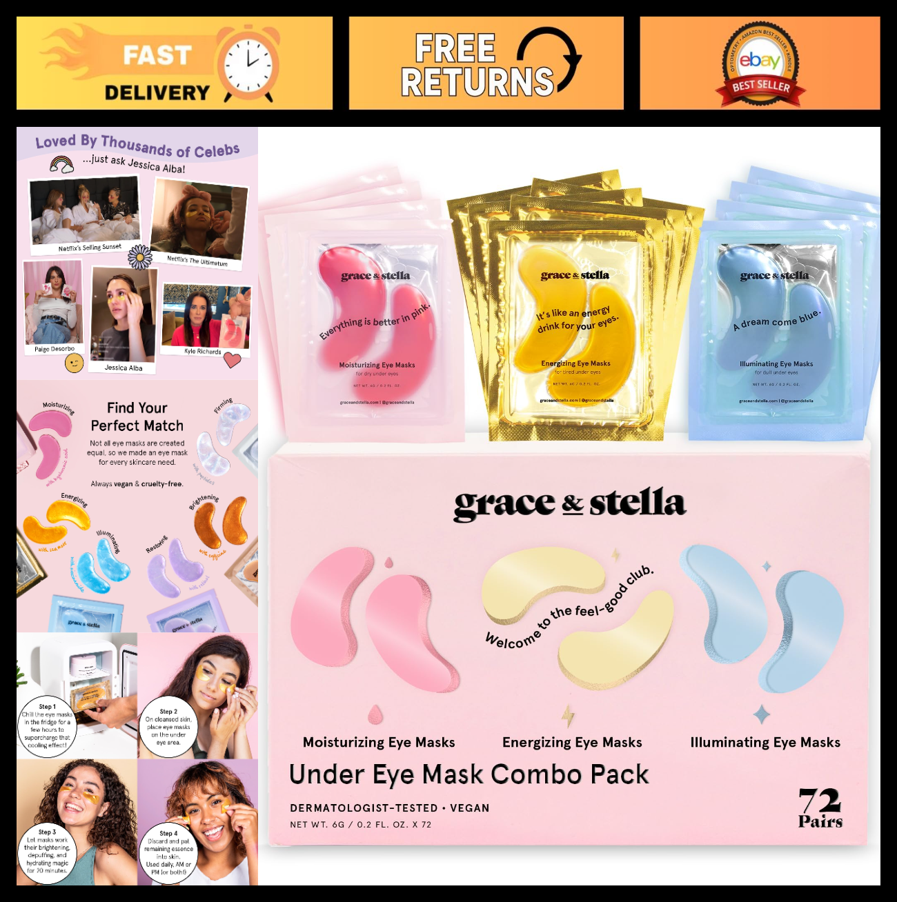 Under Eye Masks - Reduce Dark Circles, Puffiness, Wrinkles - 72 Gel Patches, Veg0
