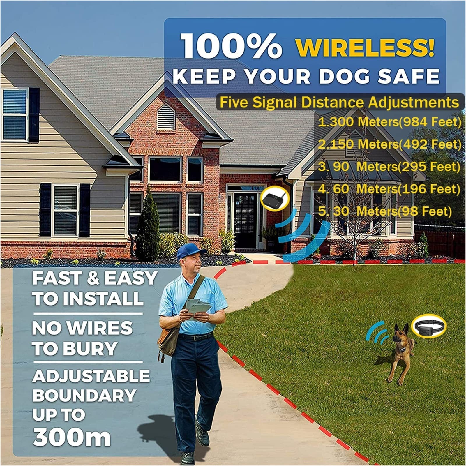 2-in-1 Wireless Dog Fence & Training Collar, Waterproof, Adjustable Vibration &2