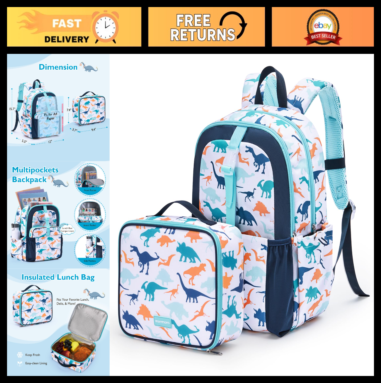 Kids Backpack Set for Kindergarten & Preschool - 2 PCS with Lunch Box, 15L Capac0