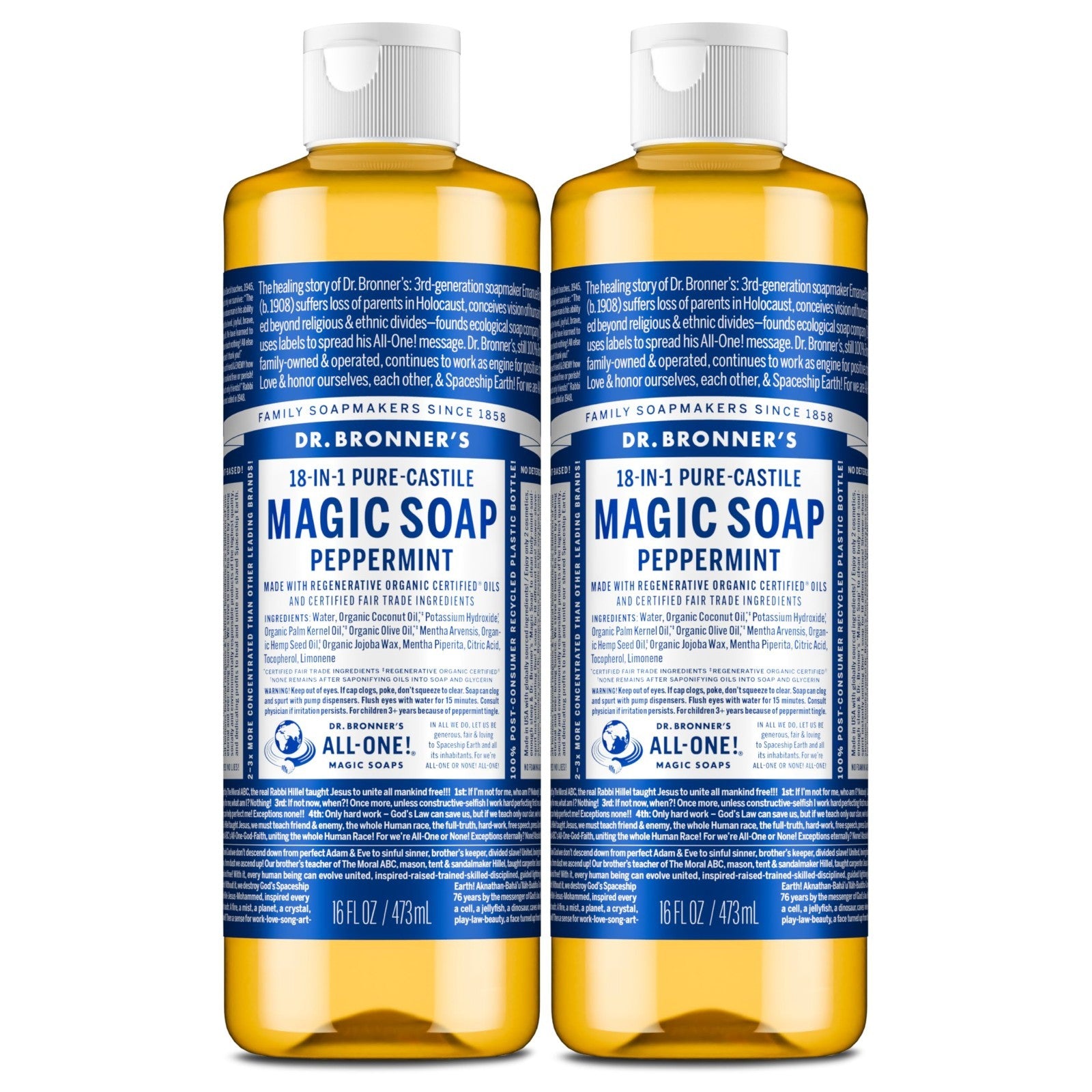 Peppermint Pure-Castile Liquid Soap 16 oz 2-Pack | 18-in-1 Uses: Body Wash, Sham1