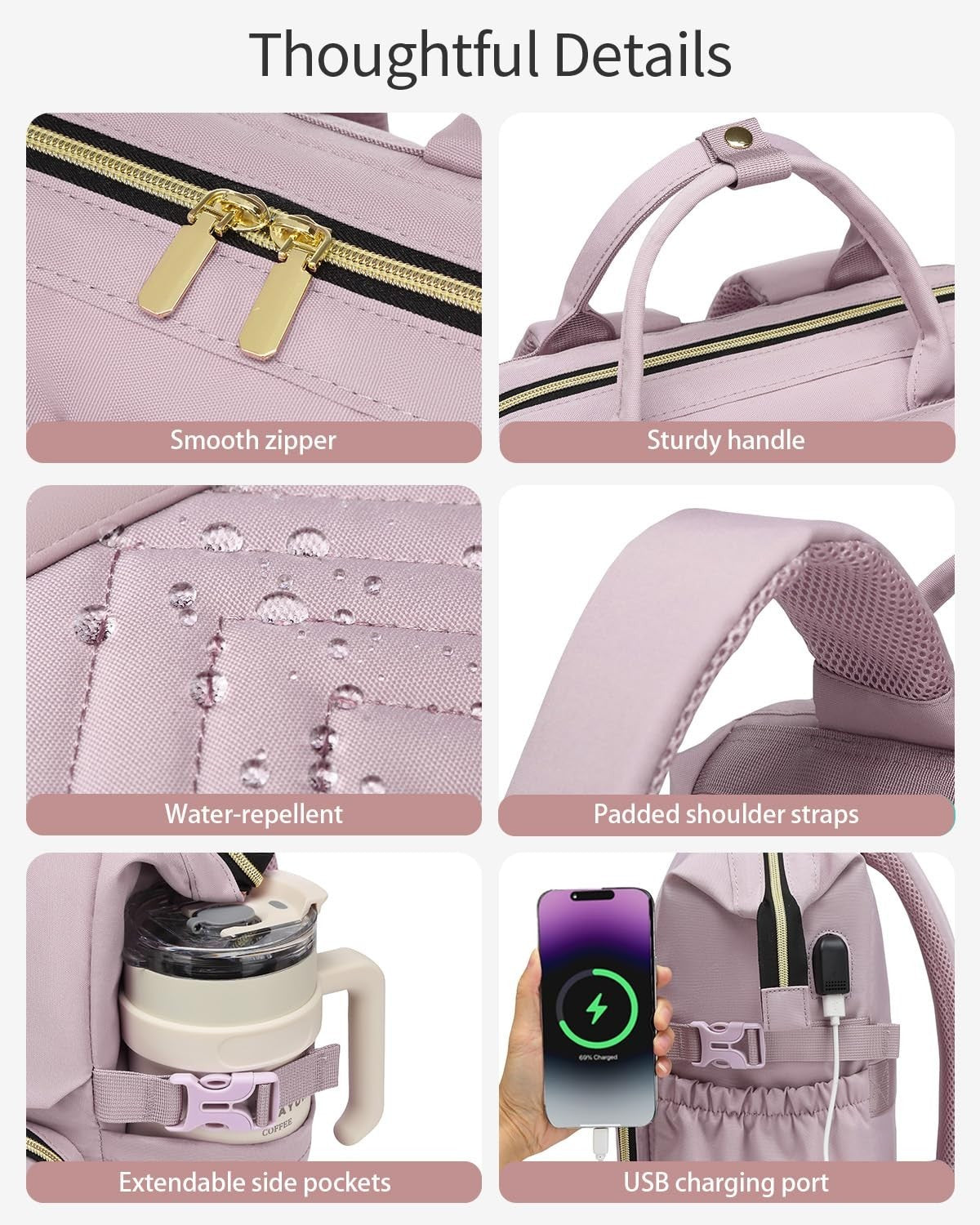 Stylish Laptop Backpack for Women   College Bookbag with USB Charger & Cup Holde5