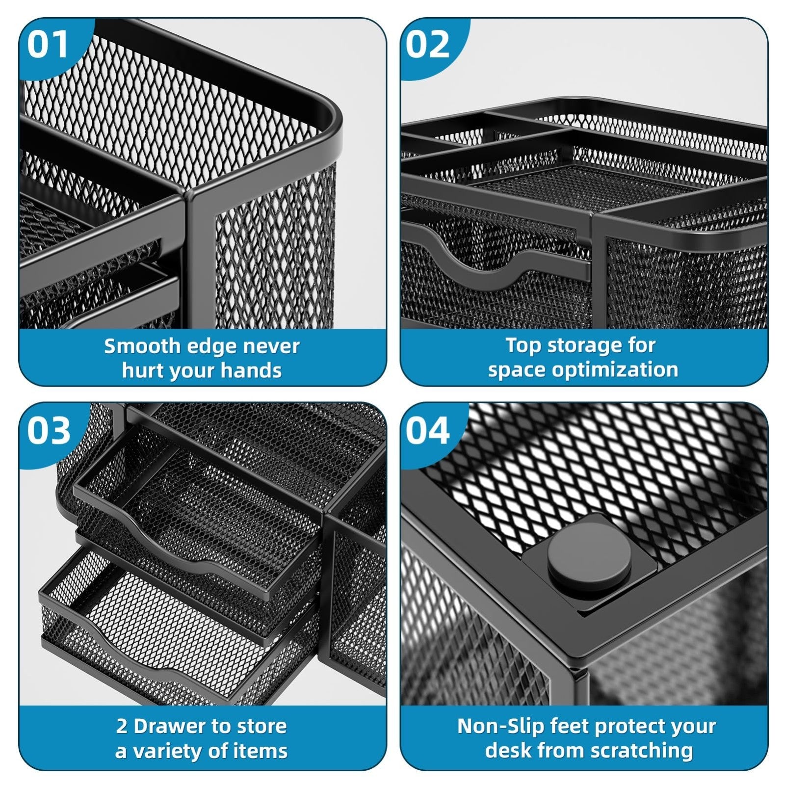 Multi Functional Mesh Desk Organizer with 2 Drawers, 5 Compartments, Black Penci5