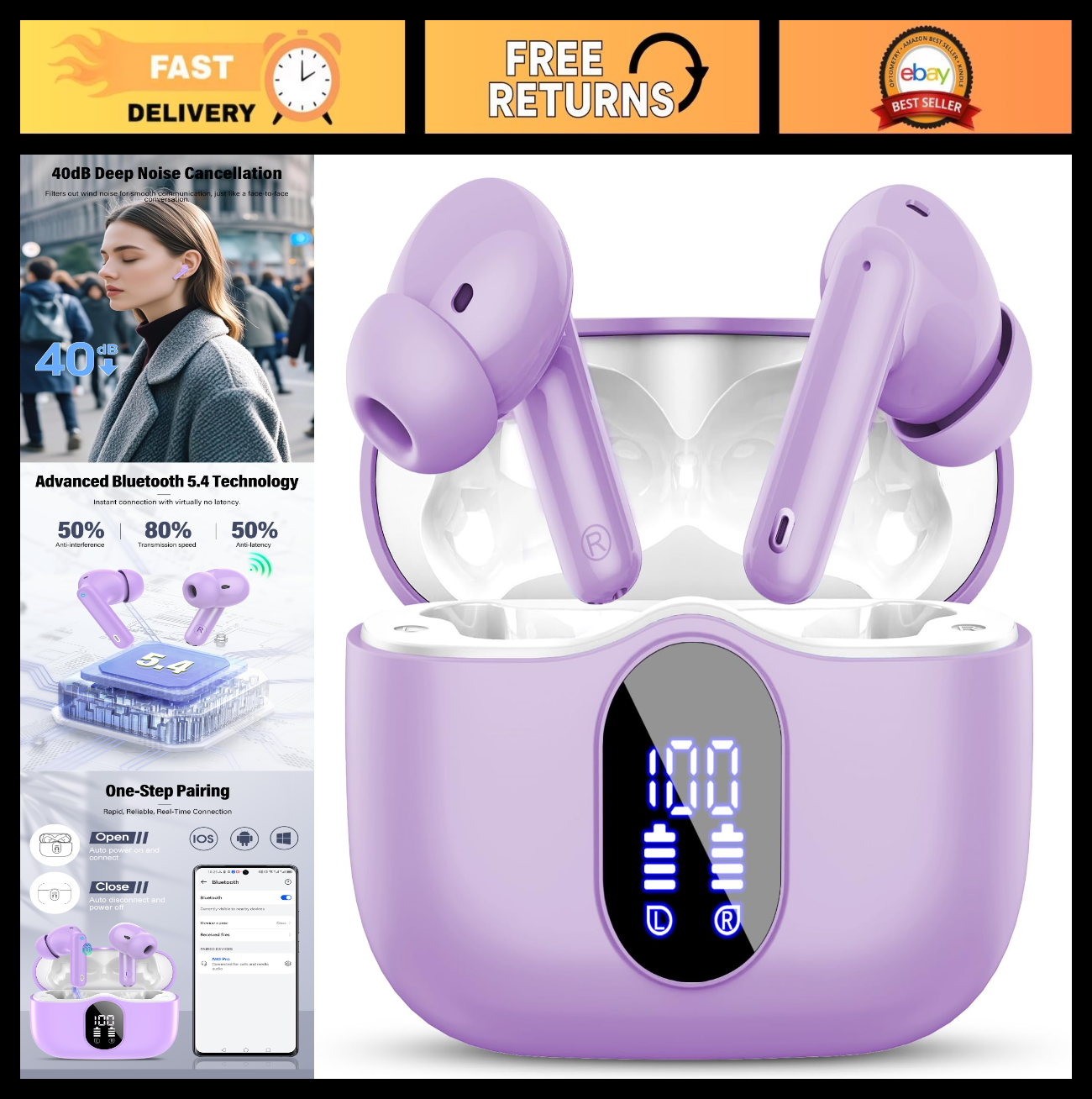 Wireless Bluetooth 5.4 Earbuds, Noise Cancelling, IP7 Waterproof, 36H Playtime,0