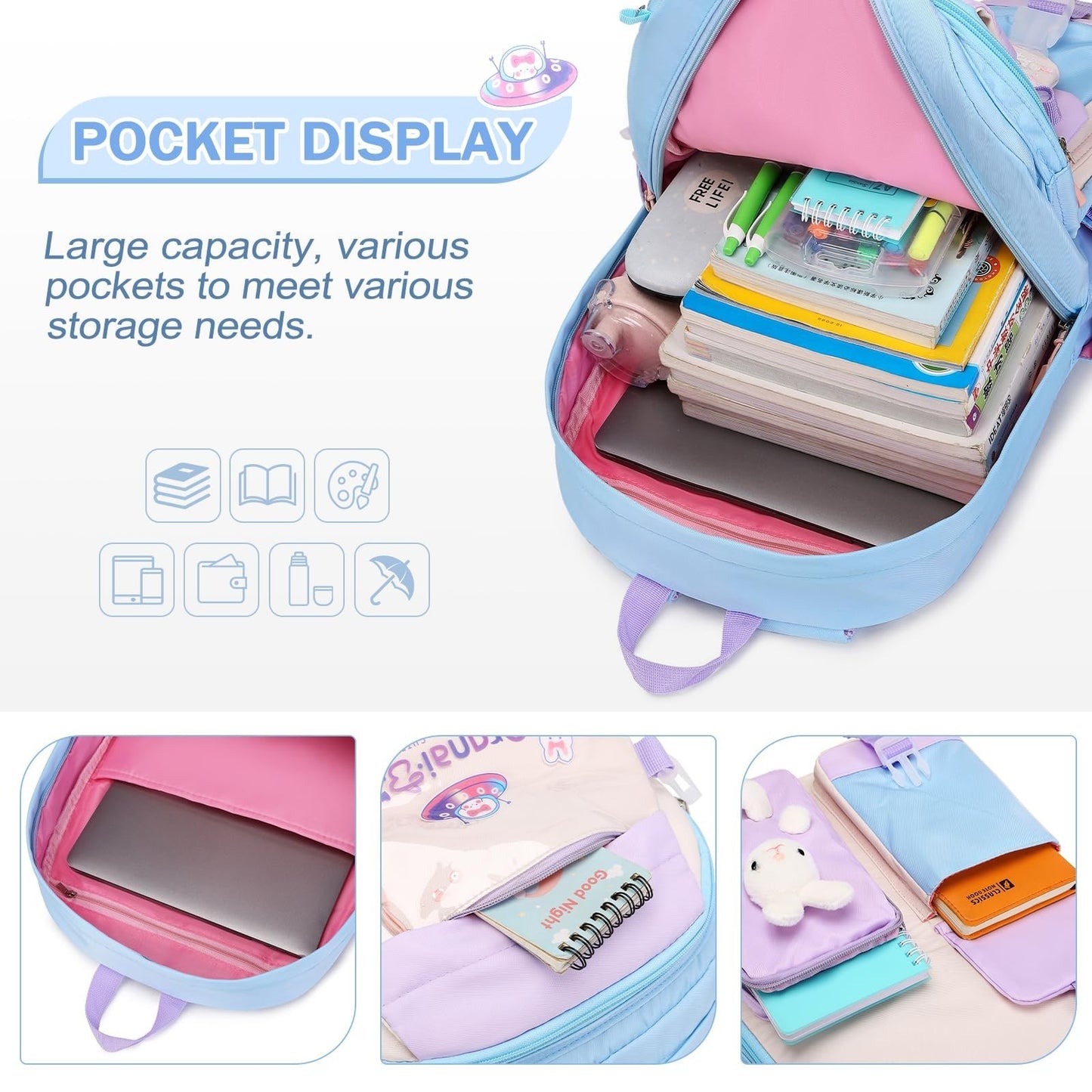 Cute Bunny Girls Backpack Set   3PCS School Bag with Lunch Box & Pencil Case, Bl3