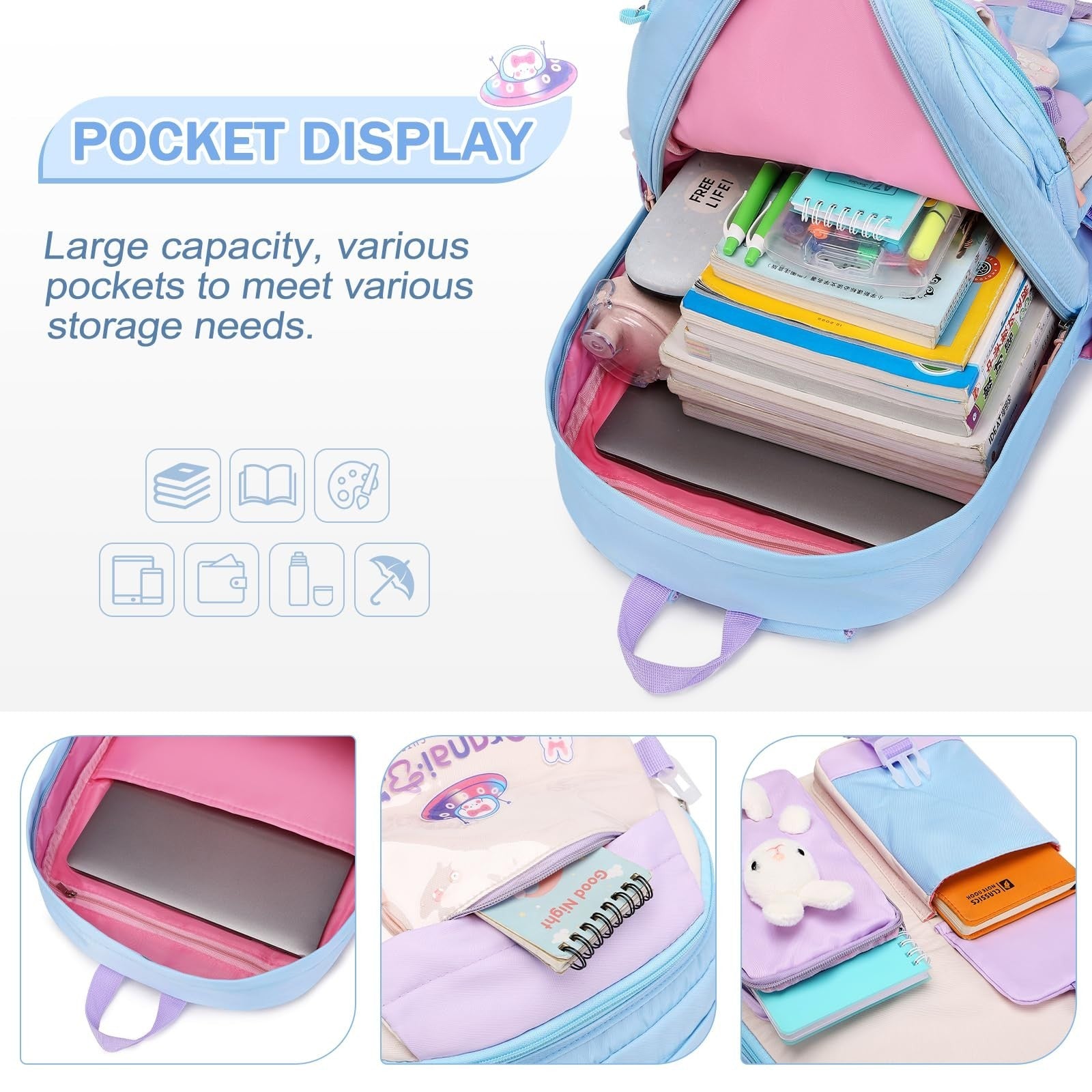 Cute Bunny Girls Backpack Set   3PCS School Bag with Lunch Box & Pencil Case, Bl3