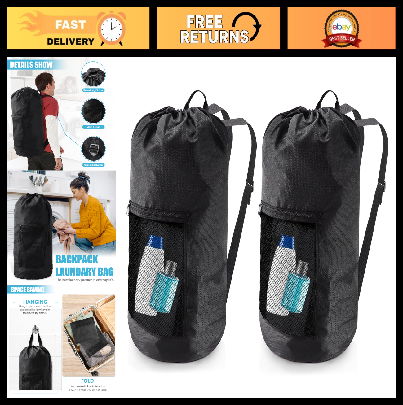 Optimized eBay Title: "2PCS Extra Large Travel Laundry Bag Backpack with Mesh0