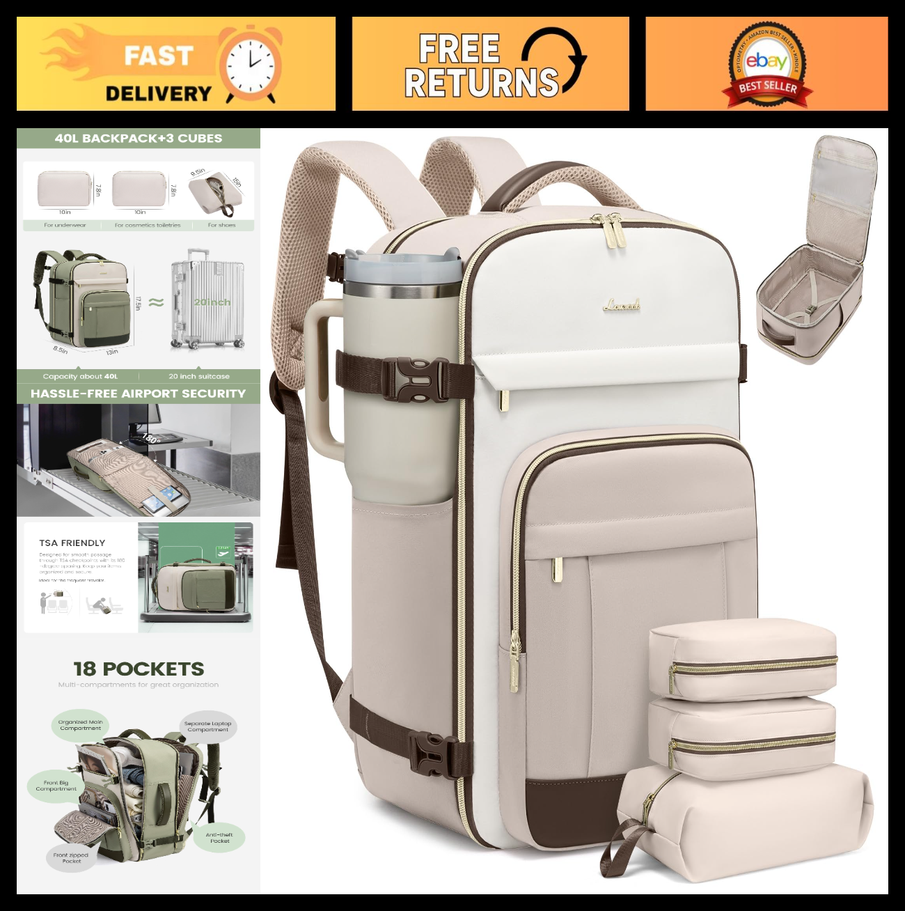 40L Travel Backpack for Men & Women - 17.3 Inch Carry-On, Durable with 3 Packing0