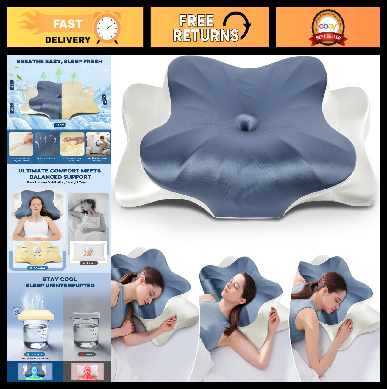 Cervical Memory Foam Pillow for Neck & Shoulder Pain Relief, Ergonomic Cooling D0