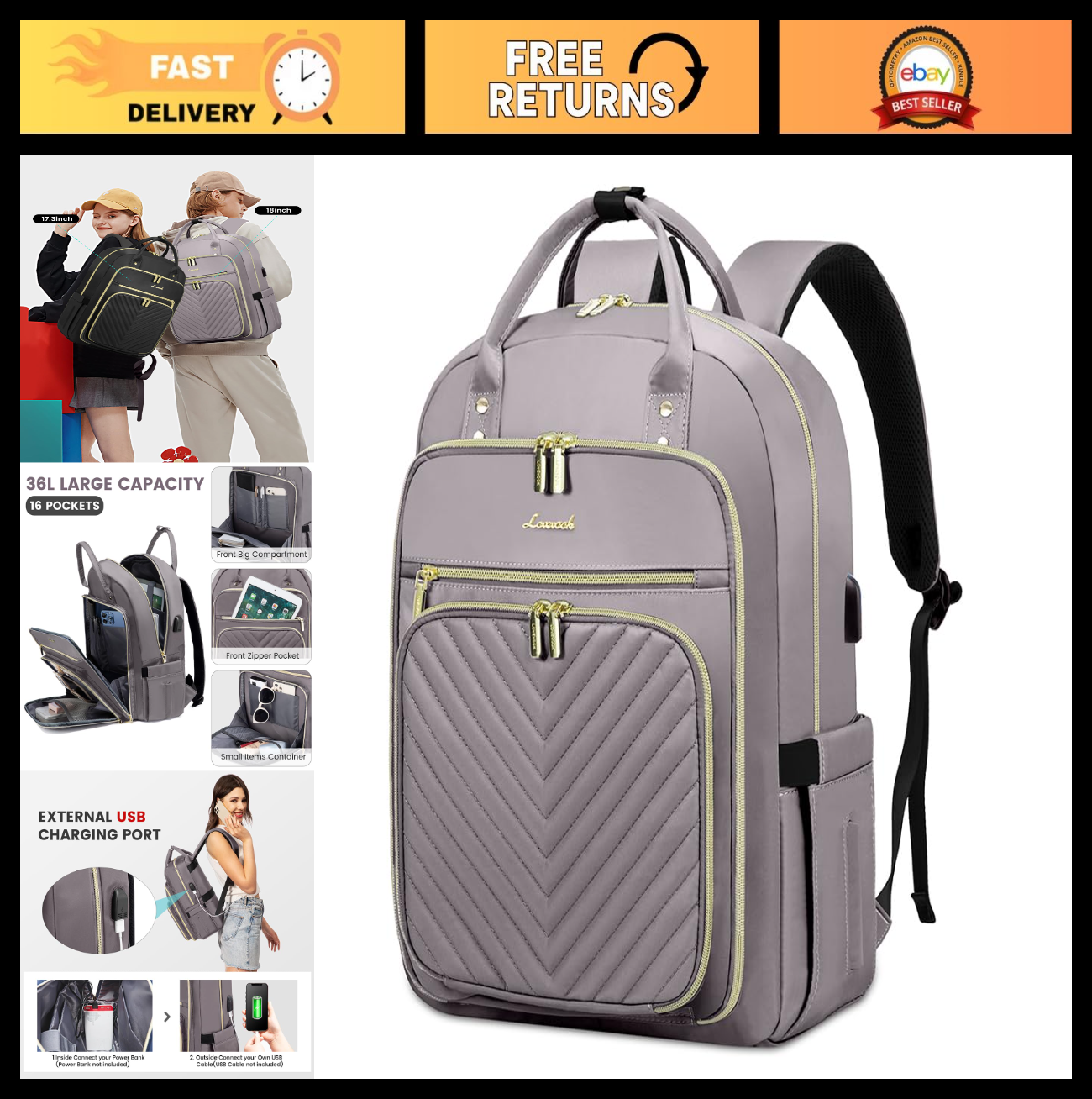 Stylish Water Resistant Laptop Backpack for Women   Travel Work Bag with USB Por0