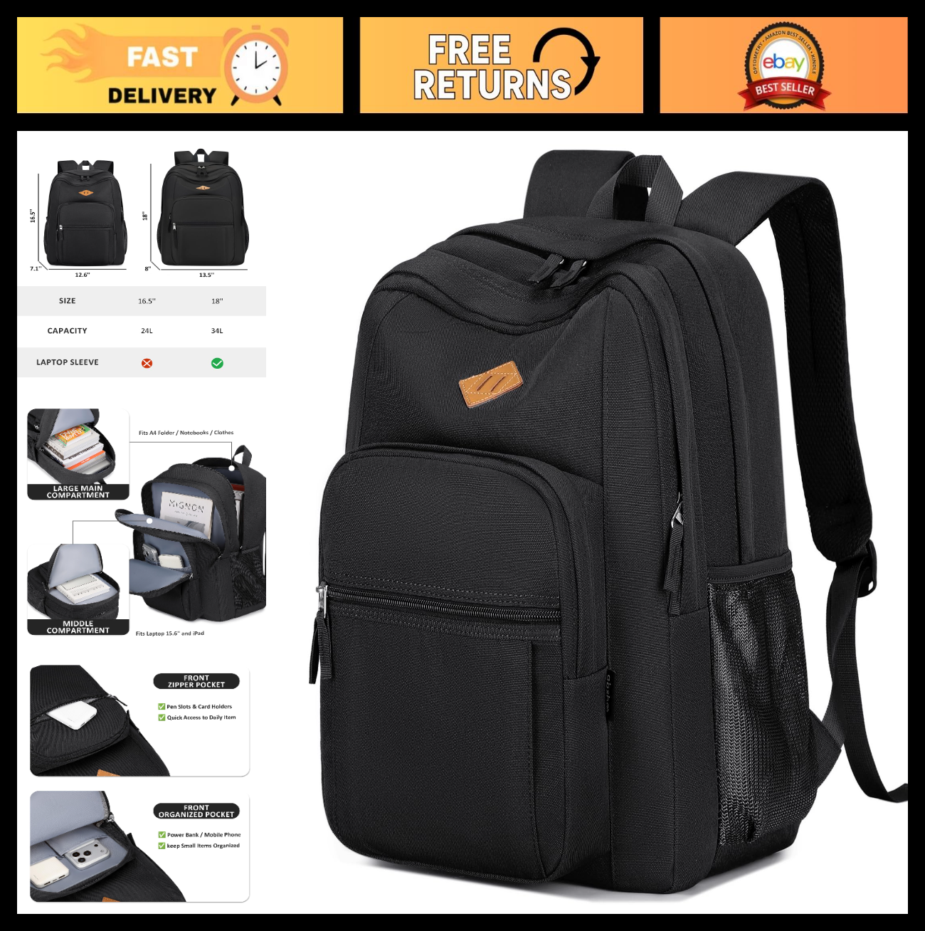 Water Resistant Women's Travel Backpack, College Bookbag, Classic Design, Unisex0