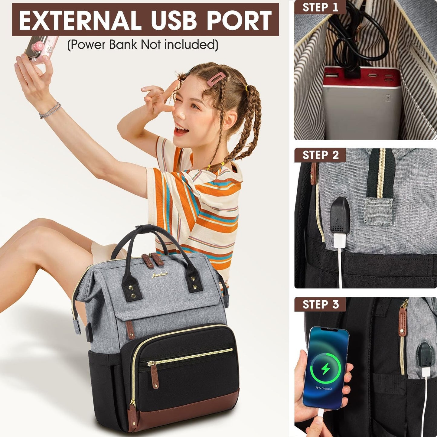 Stylish Laptop Backpack for Women, 15.6" Work Bag with USB Port, Large Capacity4