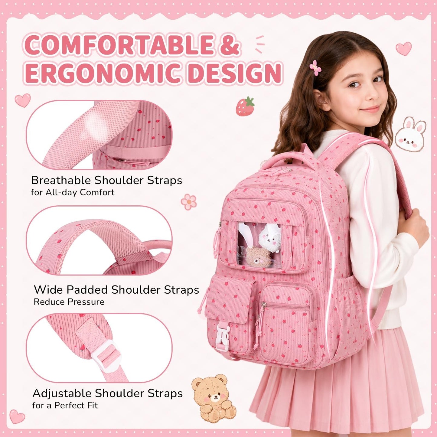 Cute Kawaii Corduroy Backpack Set for Girls - 3PCS School Bag, Lunch Box & Penci5