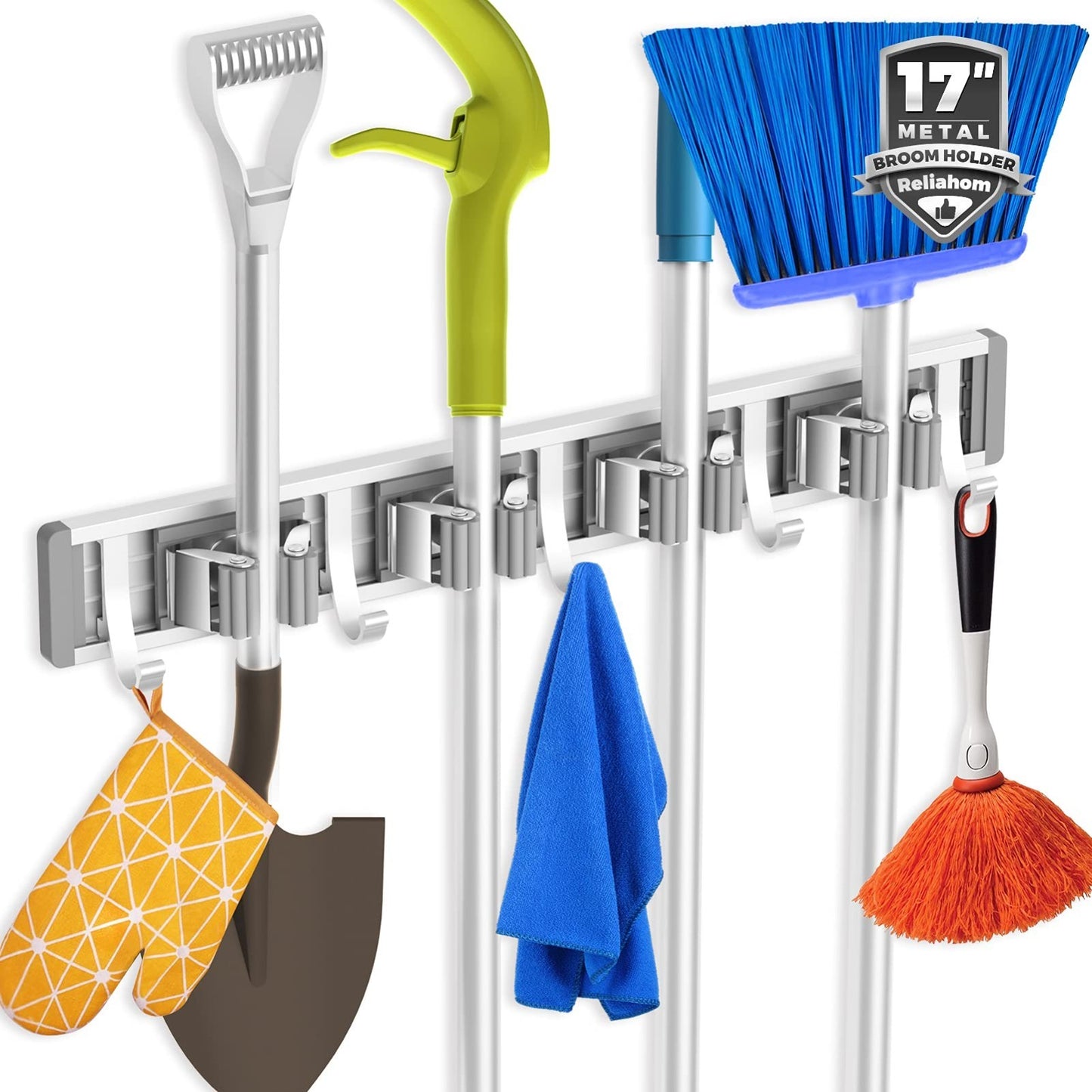 Wall Mount Broom Holder & Mop Hanger Organizer - 4 Racks & 5 Hooks Storage Solut0