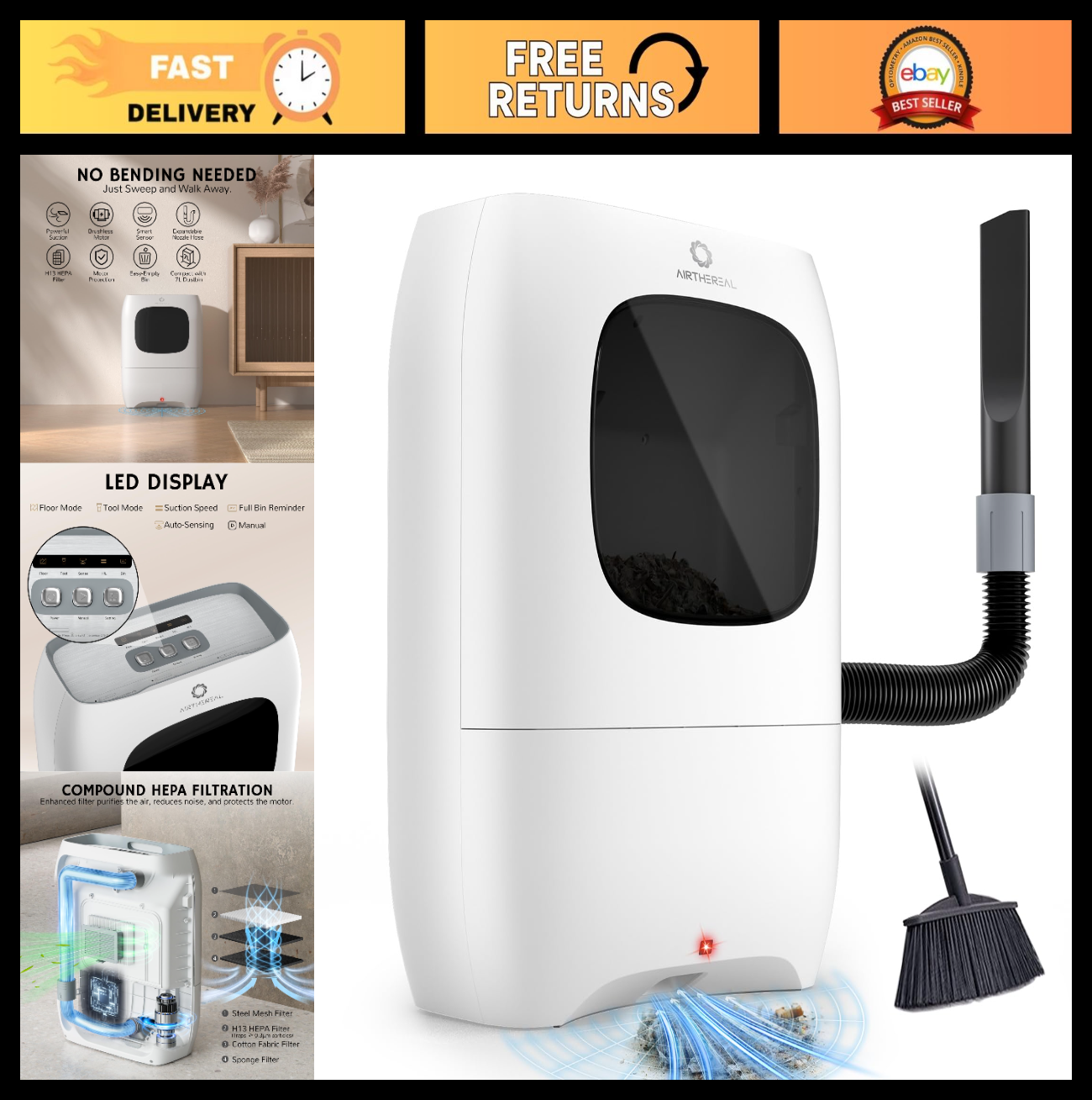Touchless Vacuum Automatic Dustpan, Auto Sensor, 20Kpa Power, HEPA Filtration, 70