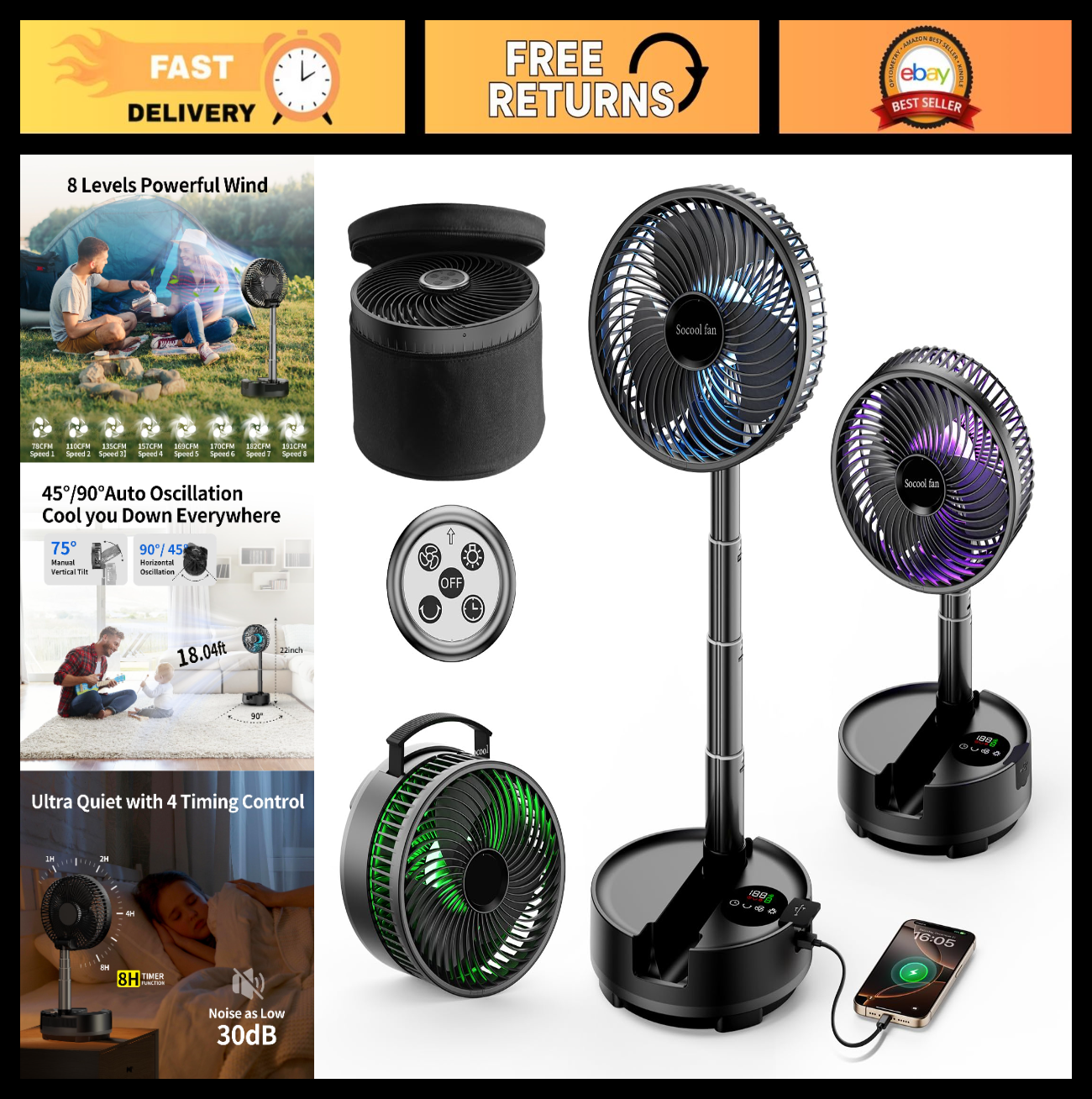 20000mAh Rechargeable Portable Fan   Foldable, 8 Speed, 112H Battery Life, Remot0