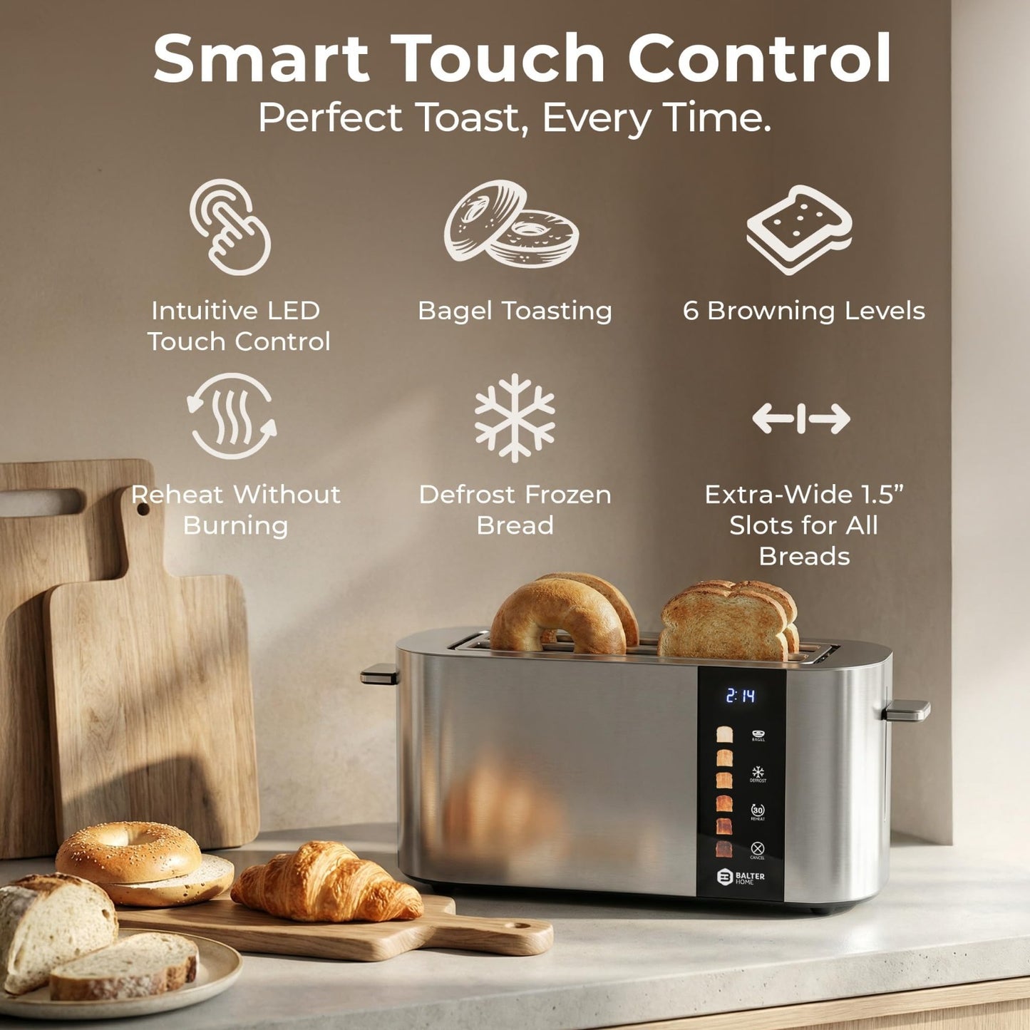4 Slice Stainless Steel Toaster with Wide Slots, Bagel Function & Touch Screen2
