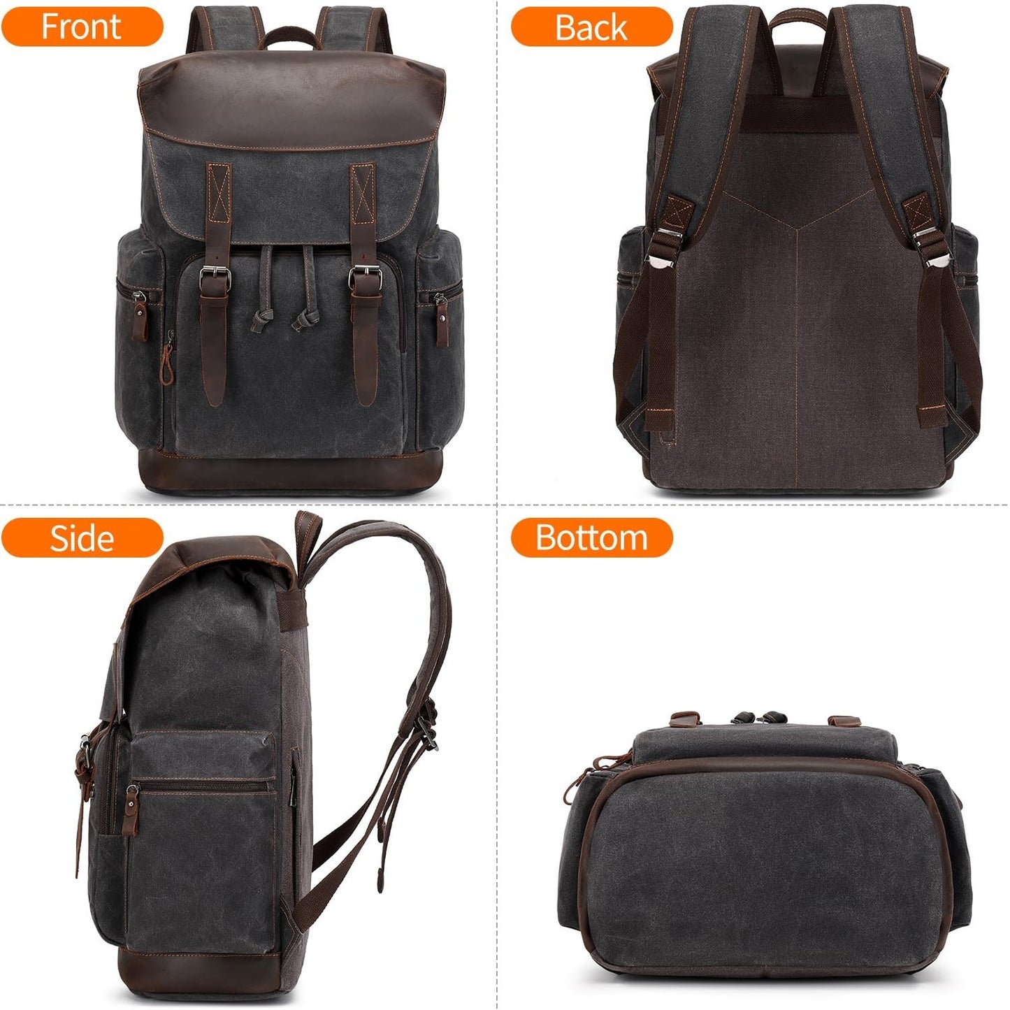 Vintage Waxed Canvas Leather Backpack for Men, 17.3" Laptop Rucksack, Travel Bag5