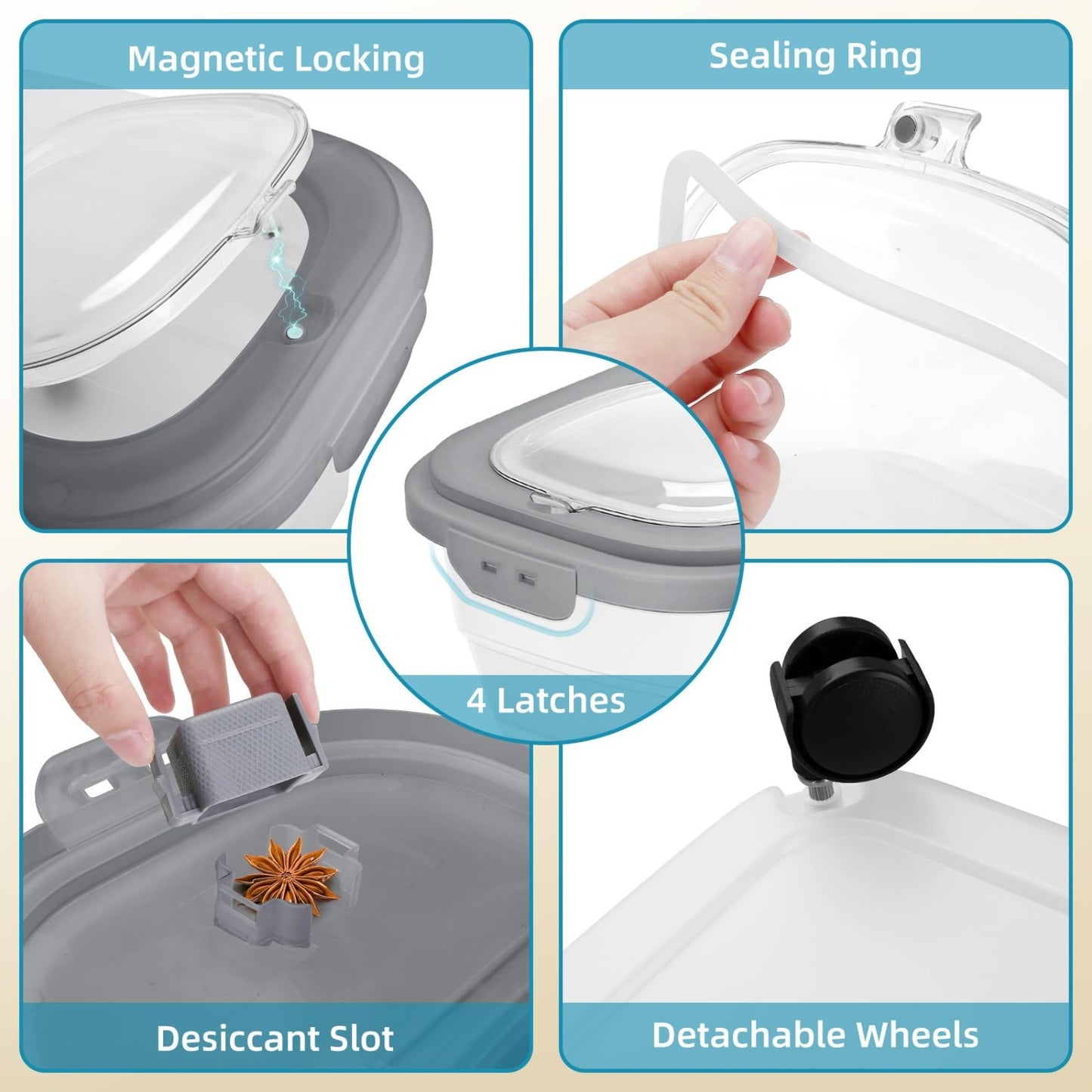 Collapsible Pet Food Storage Container with Airtight Lid & Detachable Casters, I4
