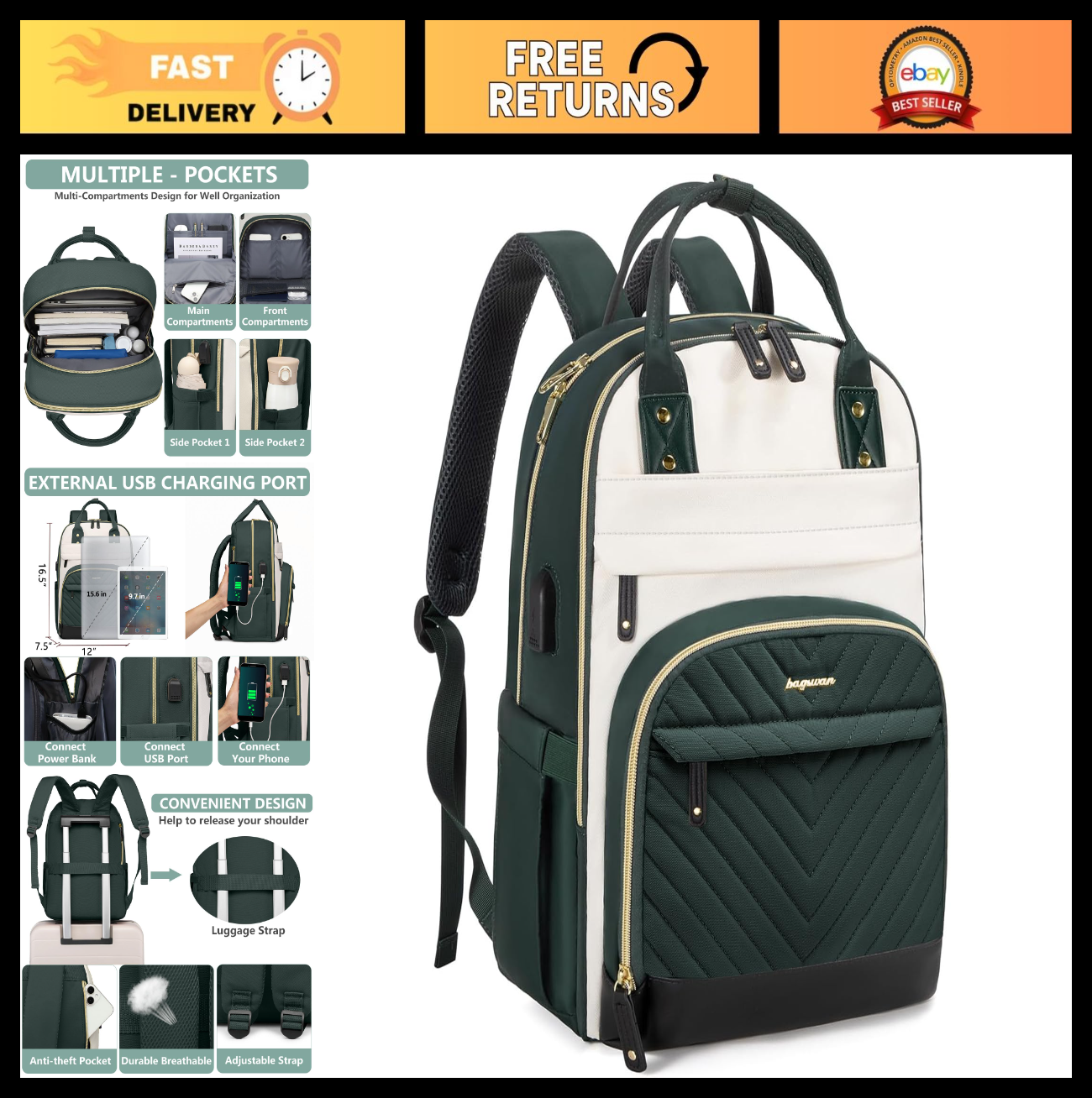 Stylish 15.6" Laptop Backpack for Women   Waterproof Travel Bag with USB Charger0