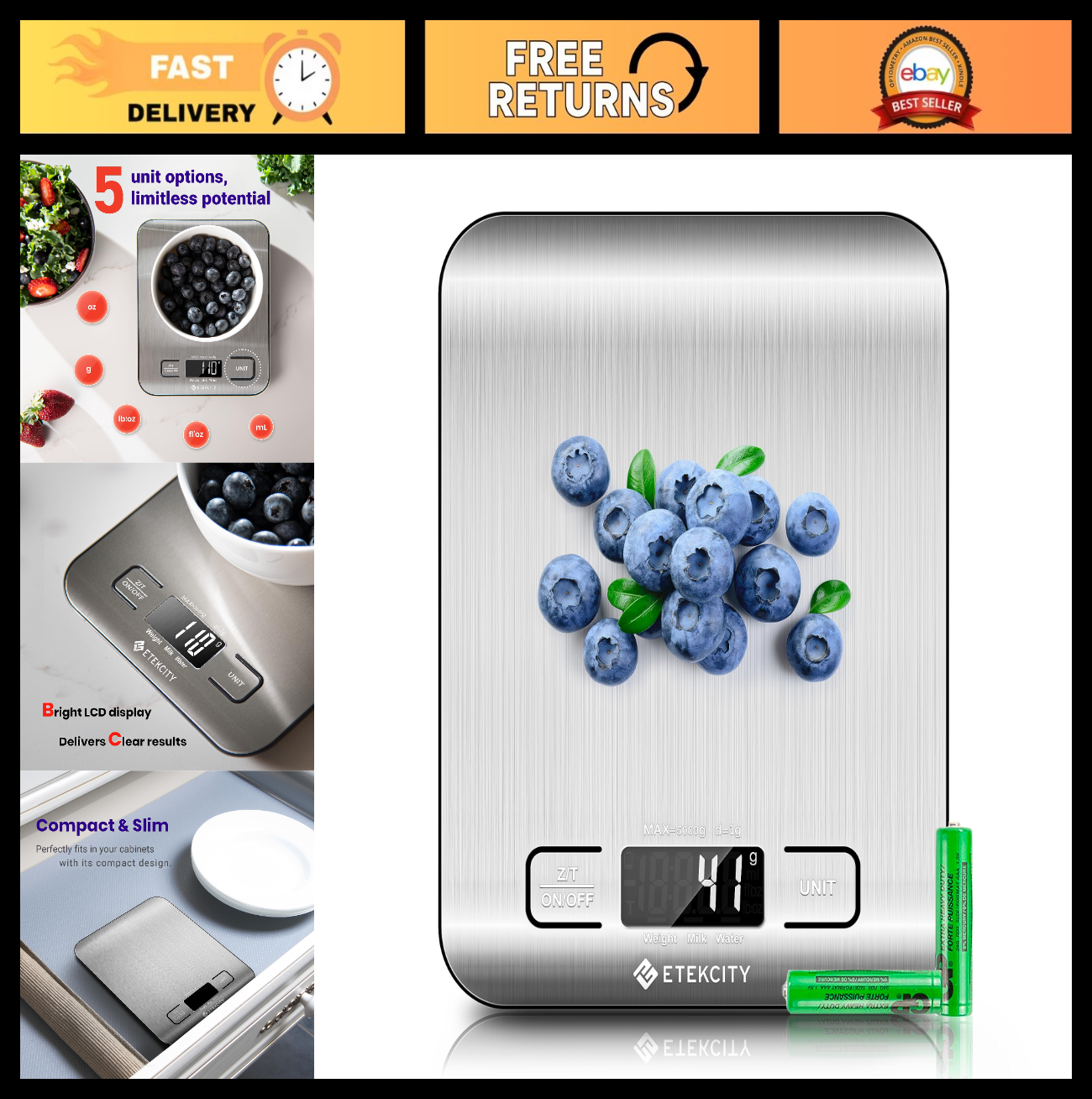 Digital Kitchen Scale   11lb Capacity, Grams/Ounces, Tare Function, Stainless St0