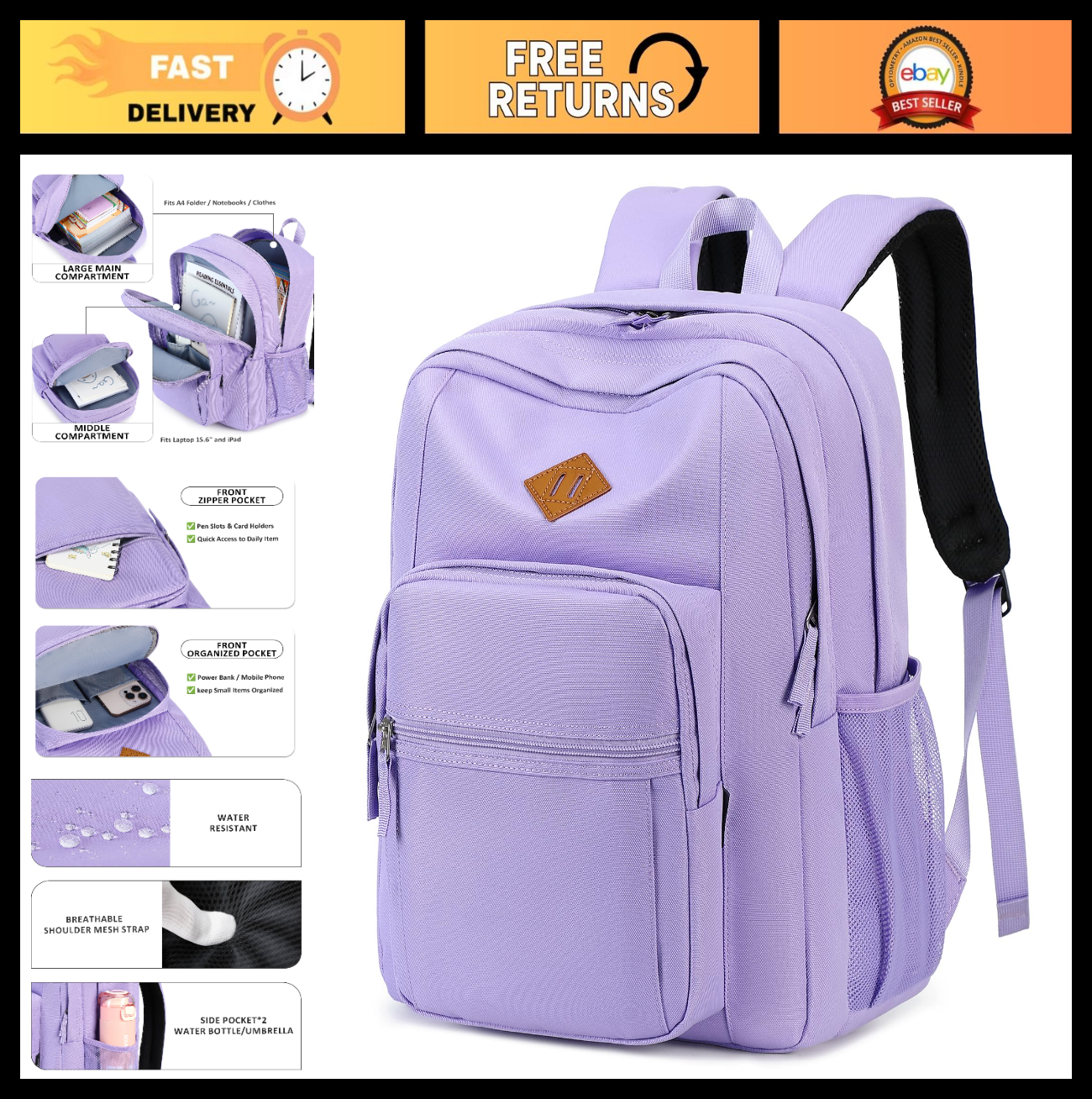 Solid Color Backpack for Girls & Women   Water Resistant School Bag   Light Purp0