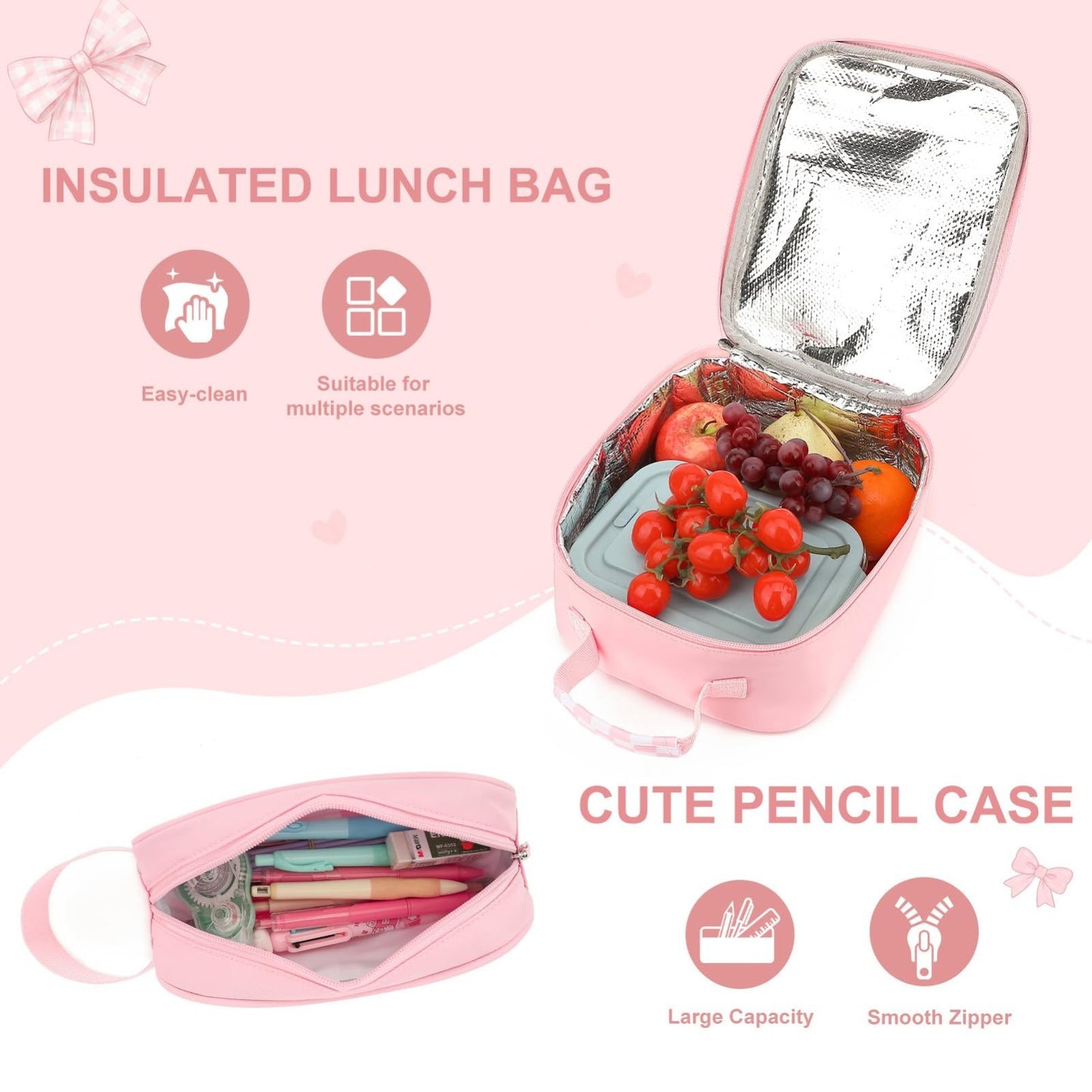 Girls Bow Backpack Set   3PCS with Lunch Bag & Pencil Case, Stylish School Bag6