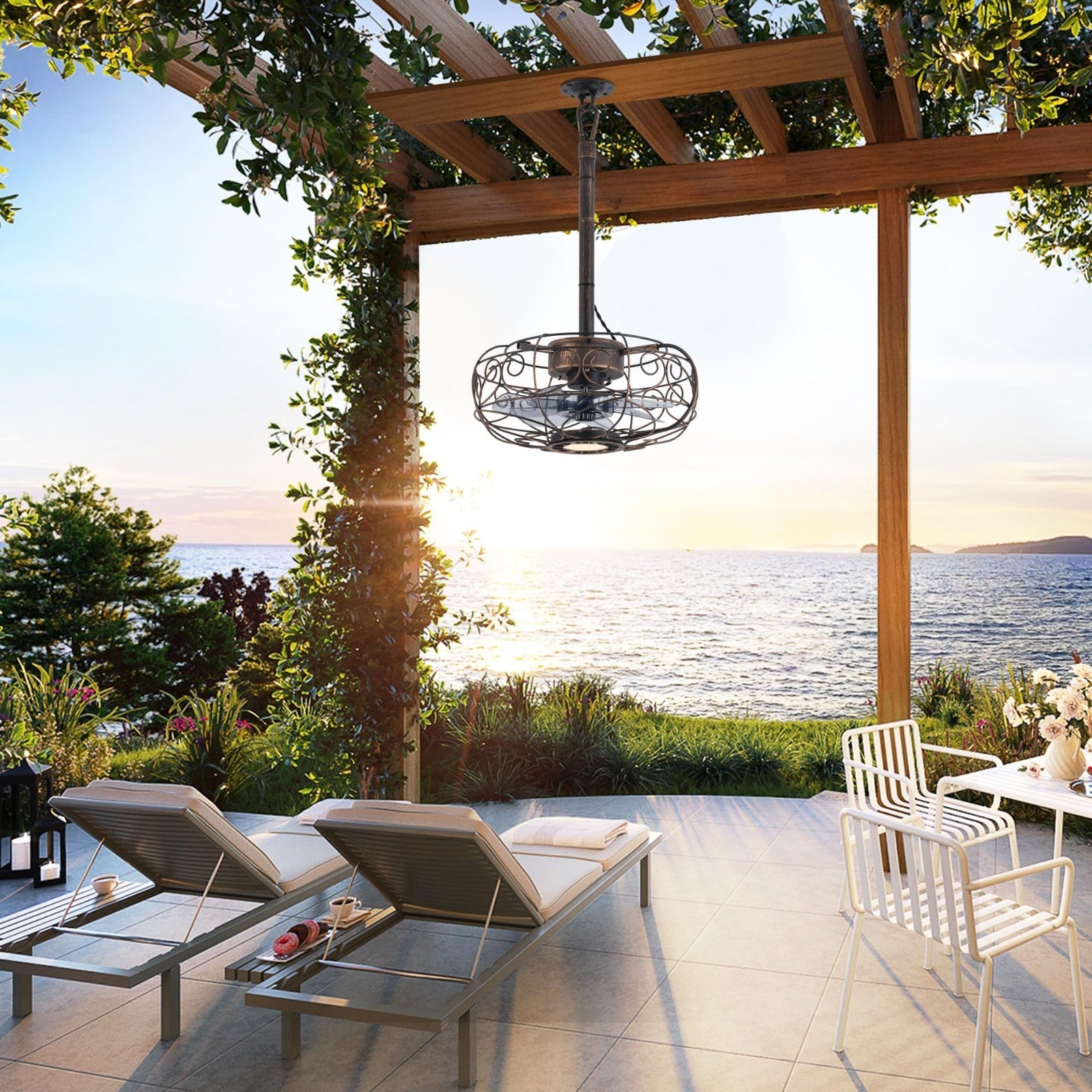 15" Outdoor Ceiling Fan with Light, Remote/APP Control, 6 Speeds, Caged Design f8