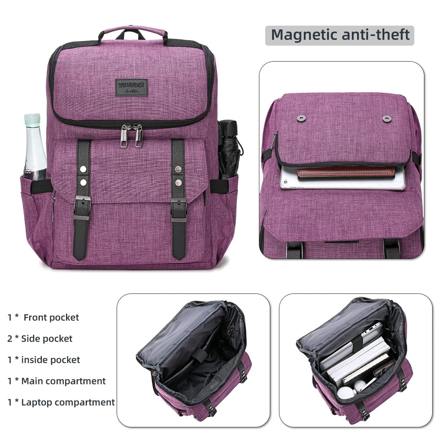 Vintage Laptop Backpack for Travel & College, USB Charging Port, Fits 15.6" - Pu3
