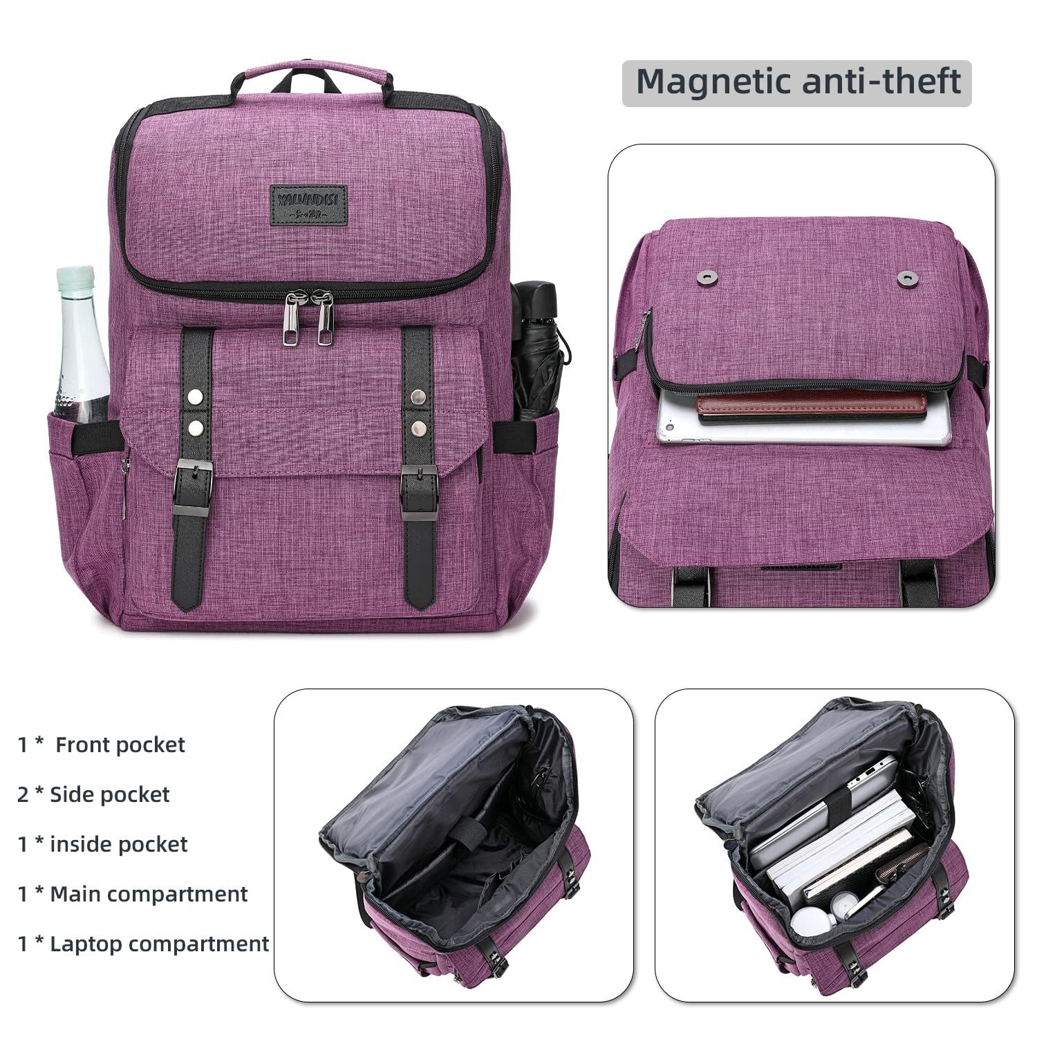 Vintage Laptop Backpack for Travel & College, USB Charging Port, Fits 15.6" - Pu3