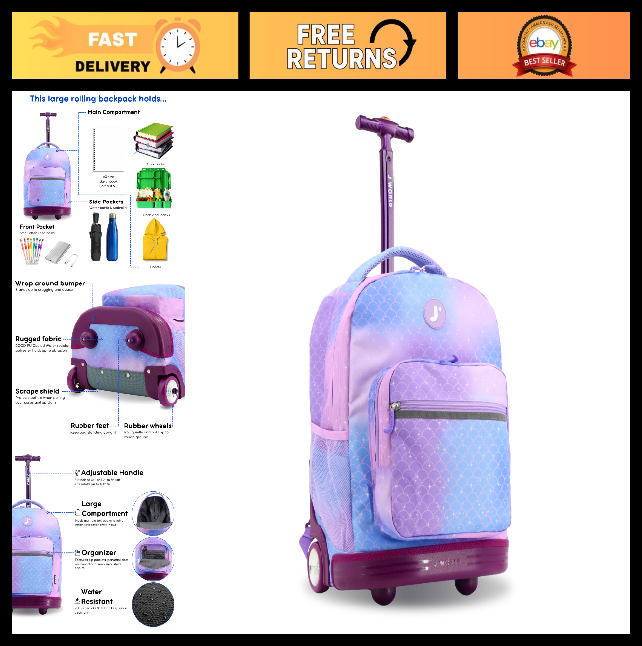 Kids Rolling Backpack with Wheels, 18" Purple Mermaid Bookbag for School, Girls0