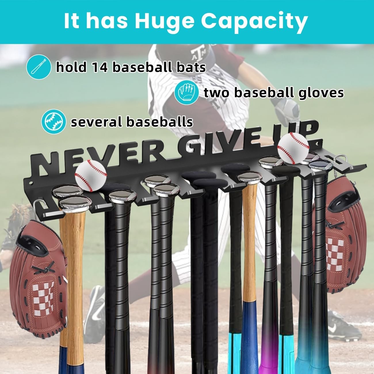 Heavy Duty Baseball Bat Holder Wall Mount   Metal Rack for 14 Bats, Softball Sto5