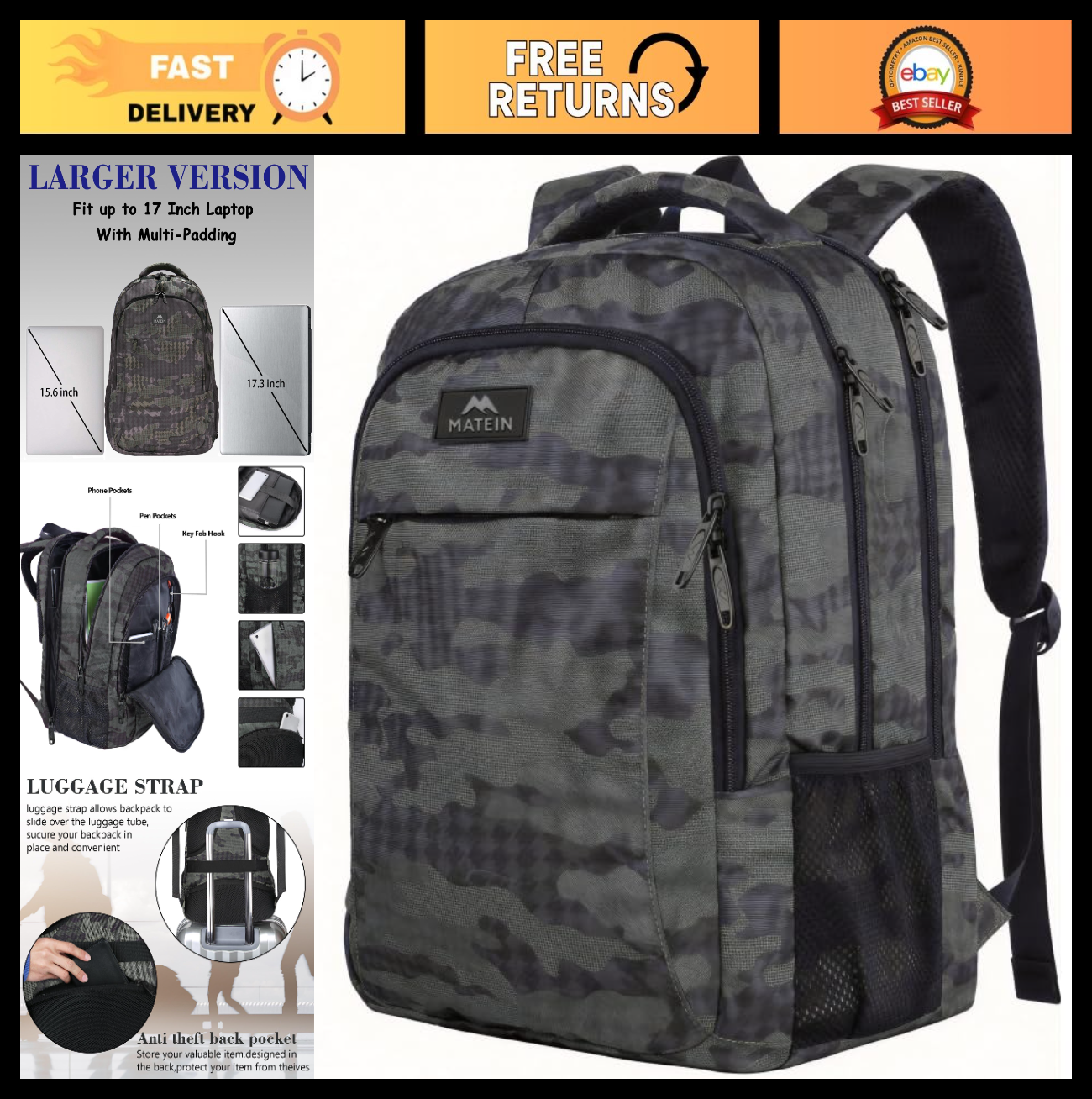 Extra Large 17.3 Inch Laptop Backpack, TSA Friendly Travel Bag, Grey, Durable &0
