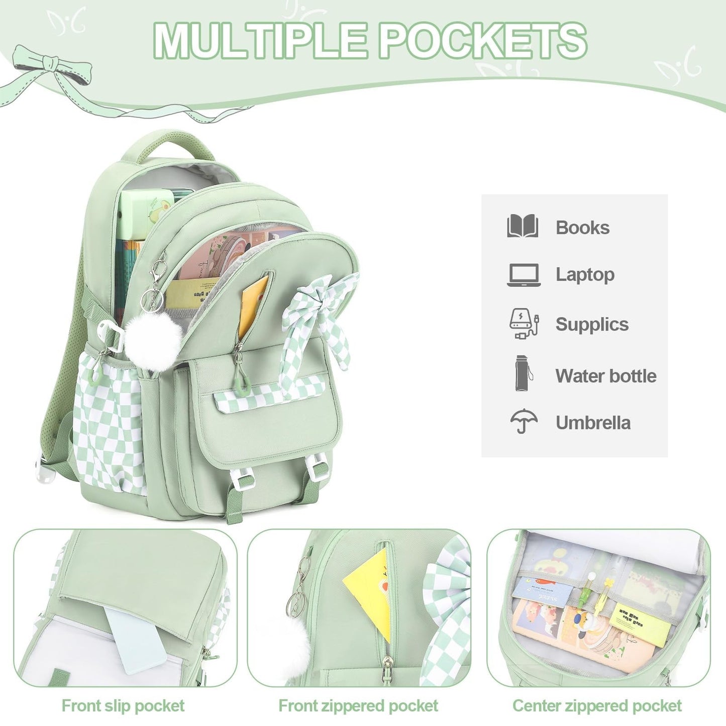 Girls Bow Backpack Set   3PCS with Lunch Bag & Pencil Case   Stylish School Bag3