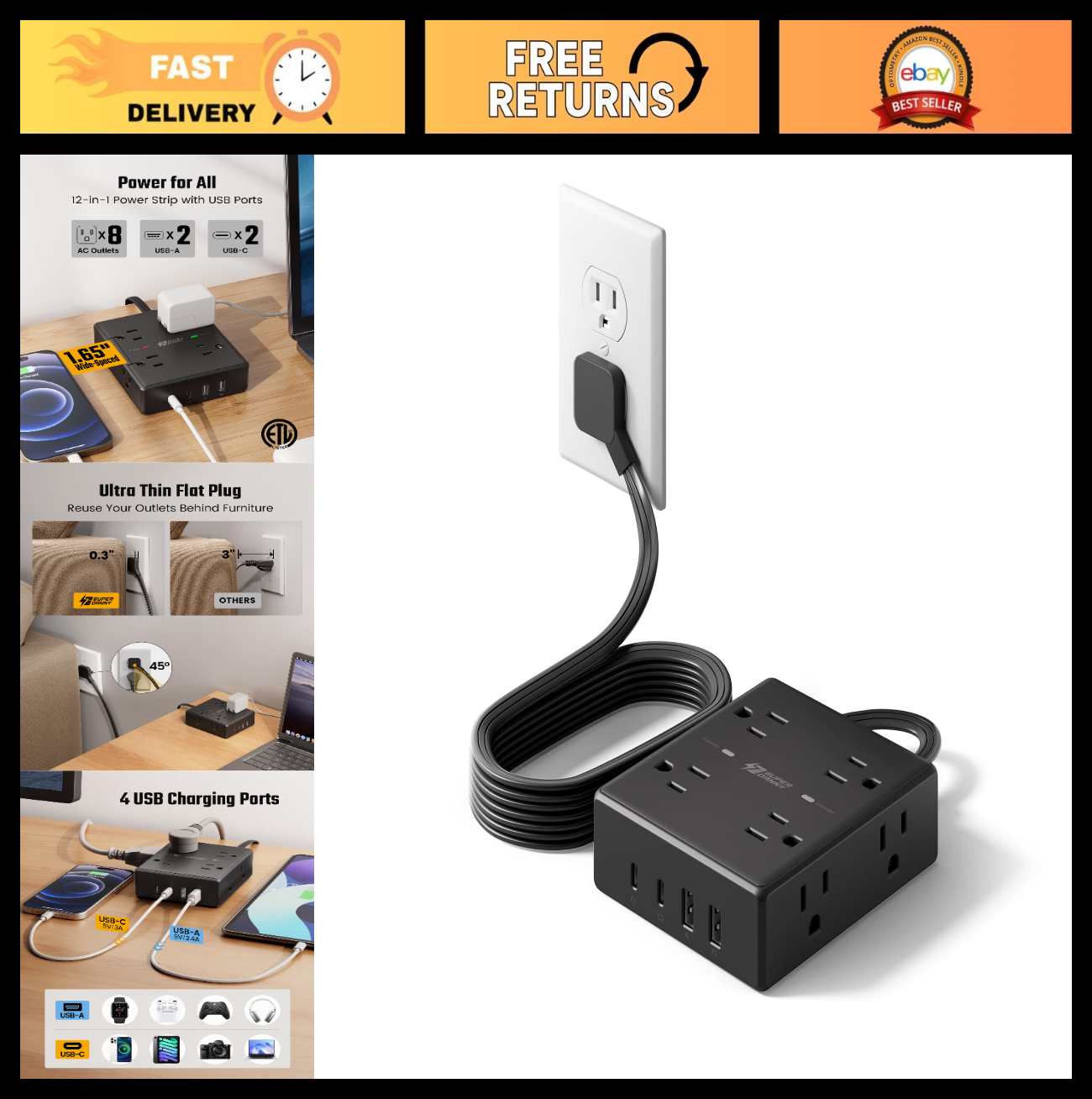 6Ft Flat Plug Surge Protector Power Strip, Heavy Duty Extension Cord, 3 Outlets0