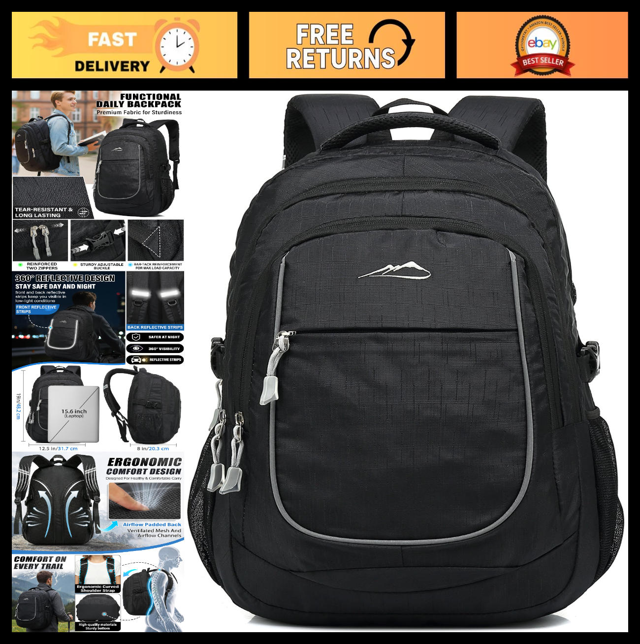 Sturdy College Backpack for Laptops Up to 15.6"   Travel, Business, Hiking, Mult0