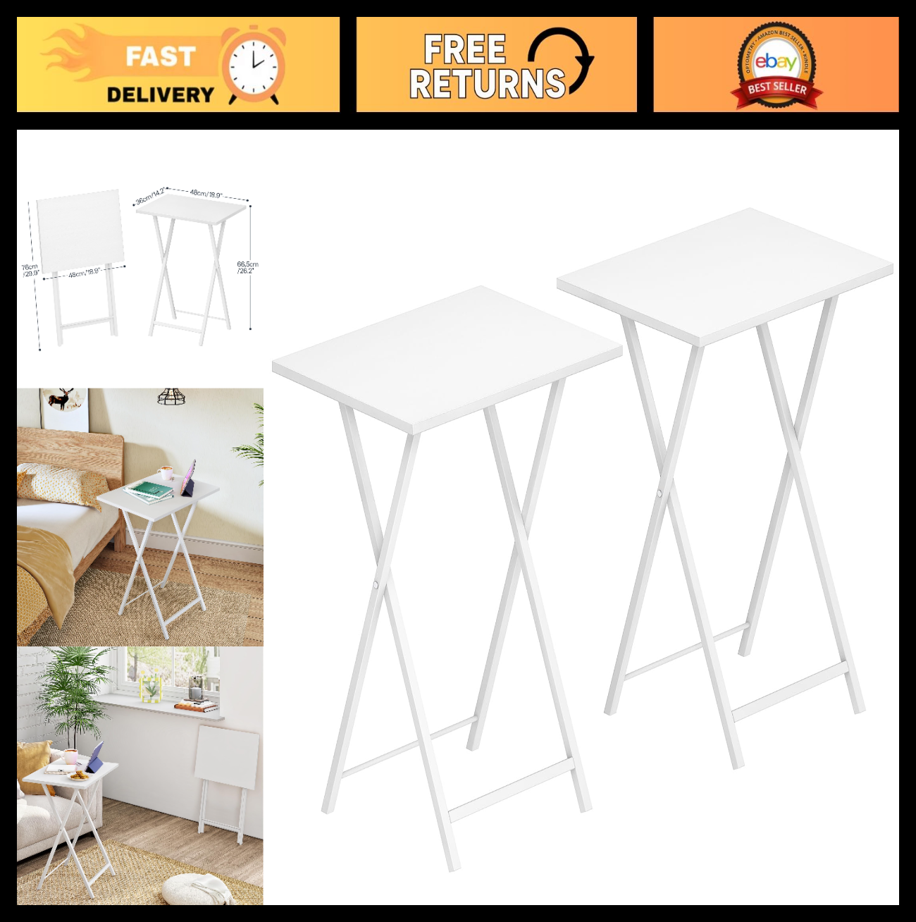 Set of 2 Folding Snack Tables for Small Spaces - Industrial Style, Easy Assembly0