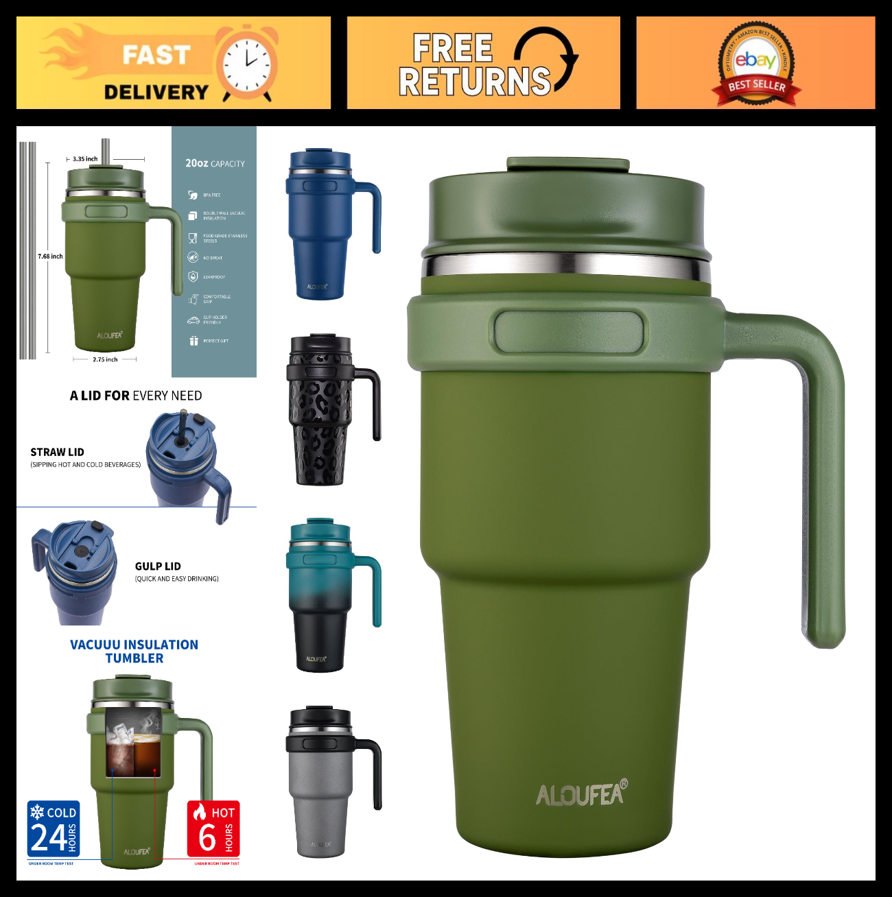 Insulated 20 oz Coffee Mug Tumbler with Handle, Stainless Steel Travel Cup, Leak0