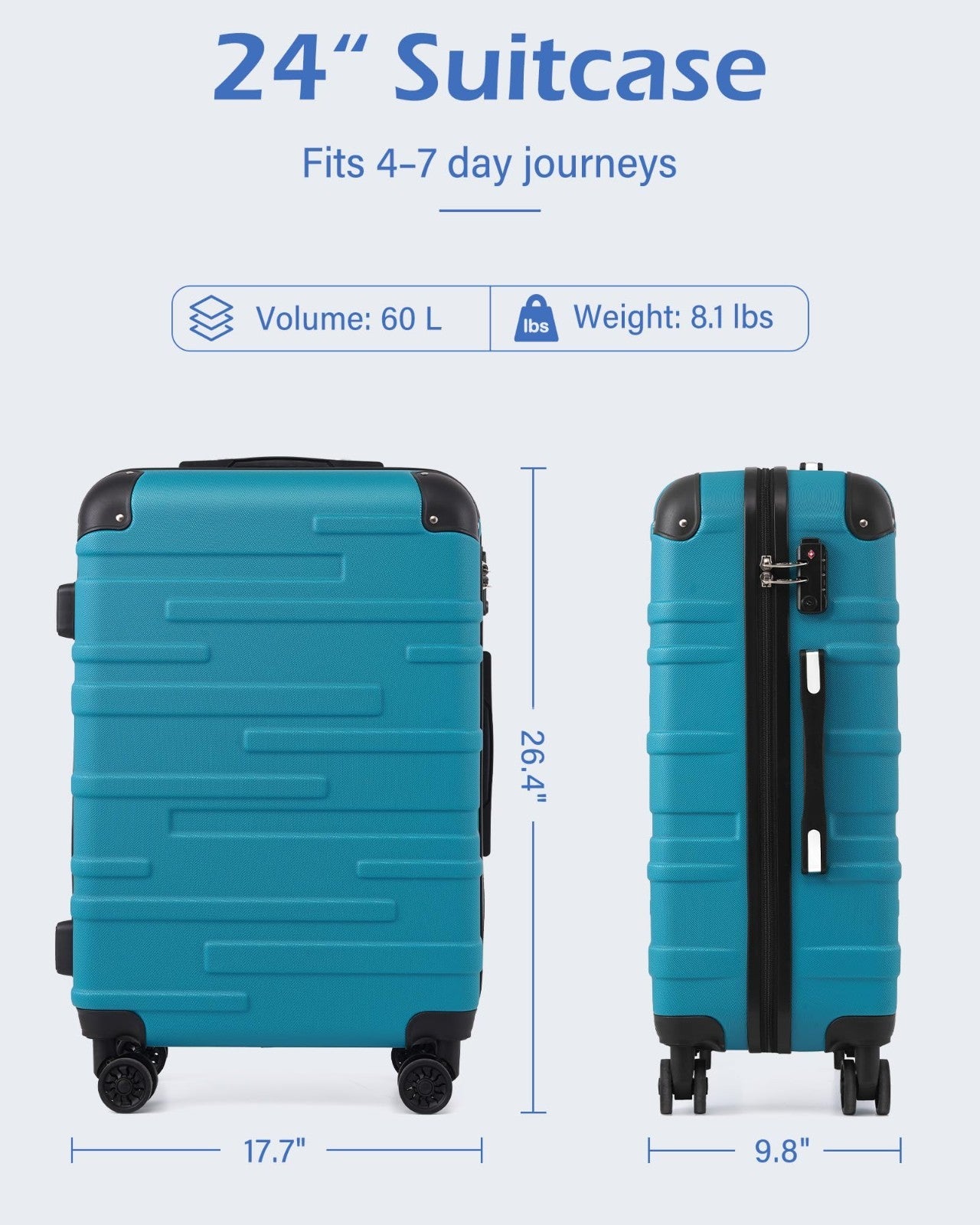 24" Hardside ABS Luggage with TSA Lock, Scratch-Resistant, 360° Spinner Wheels7