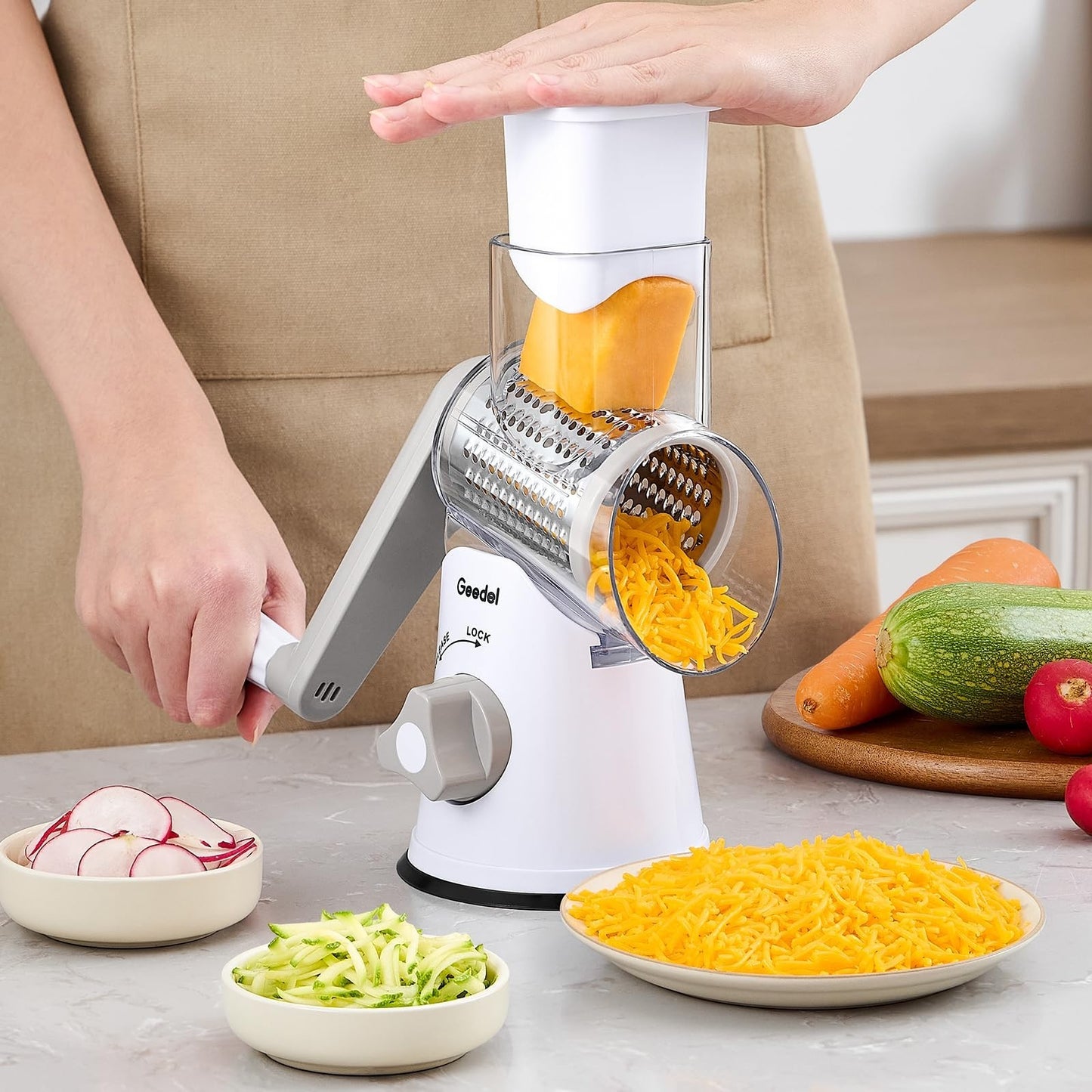 Rotary Cheese Grater & Vegetable Slicer   3 Blades, Stainless Steel, Fast Cuttin8