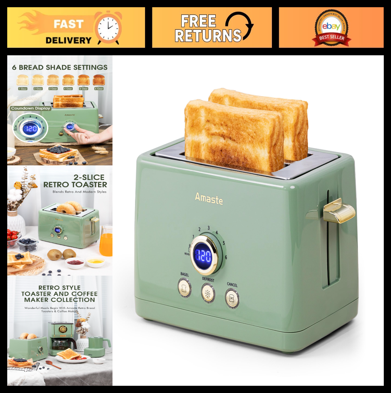 Retro 2 Slice Toaster with LED Display, Extra Wide Slots, 6 Shade Settings, Bage0
